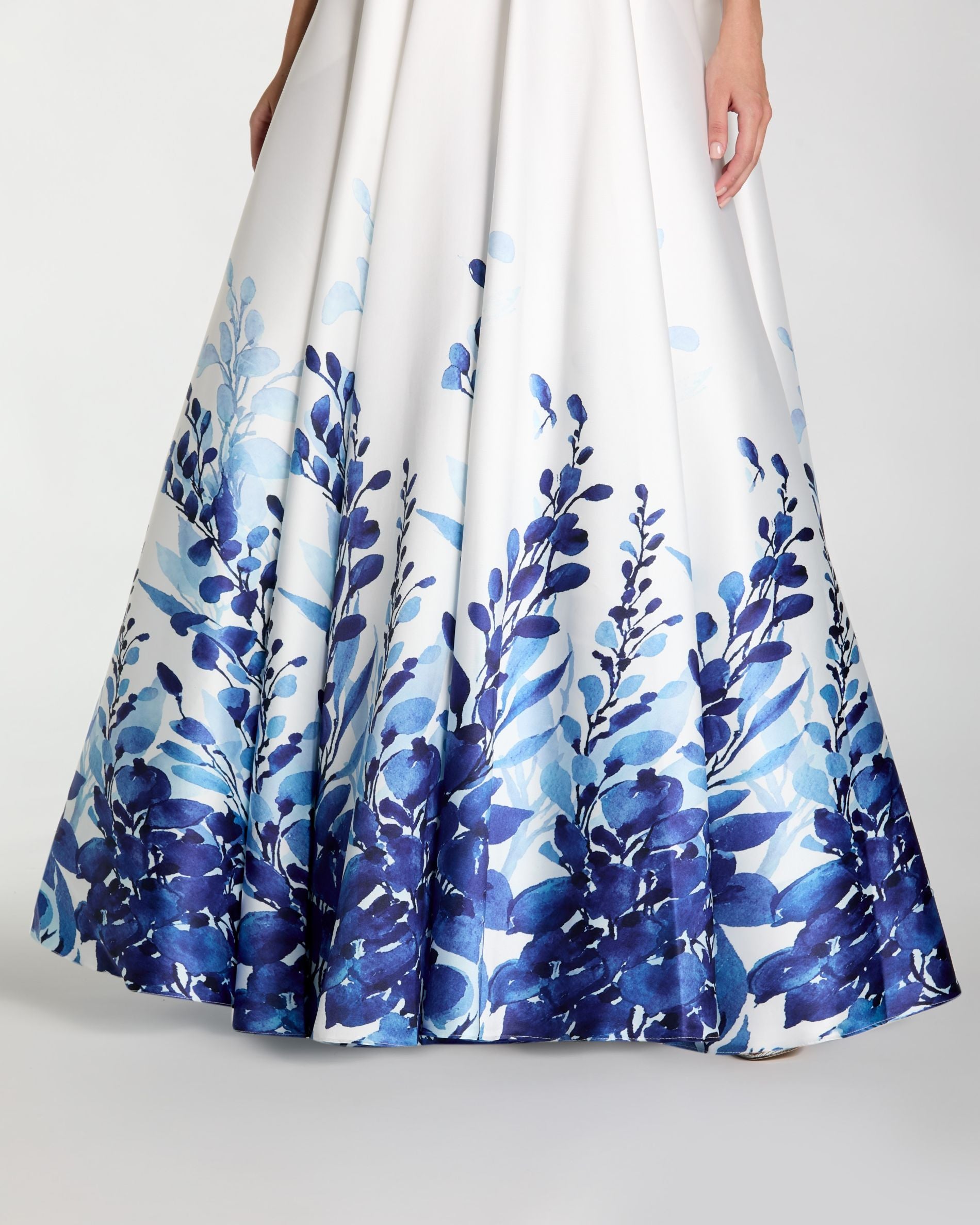 White Strapless Floral Printed Mikado Ball Gown Ieena for Mac Duggal