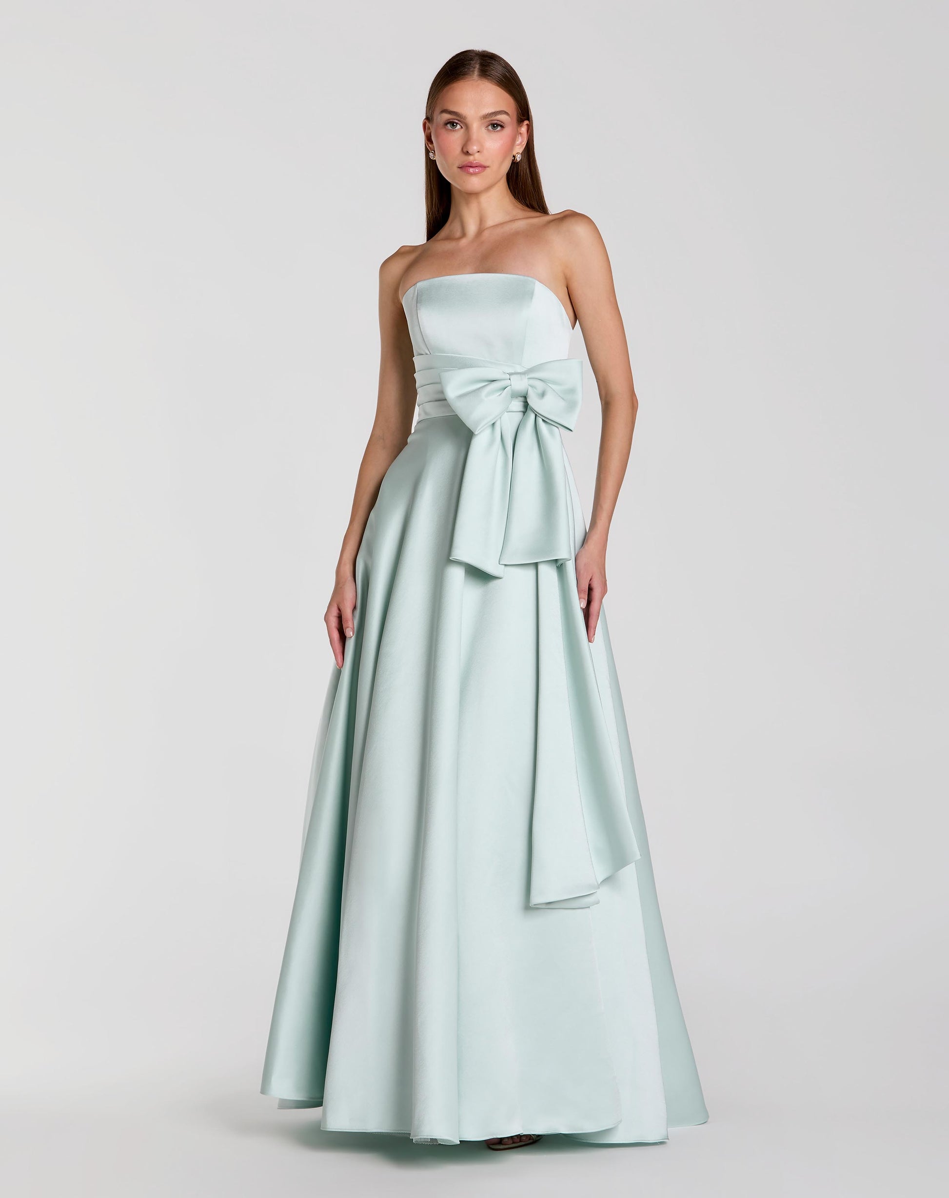 Green Strapless Satin Ball Gown with Bow Detail - Ieena for Mac Duggal