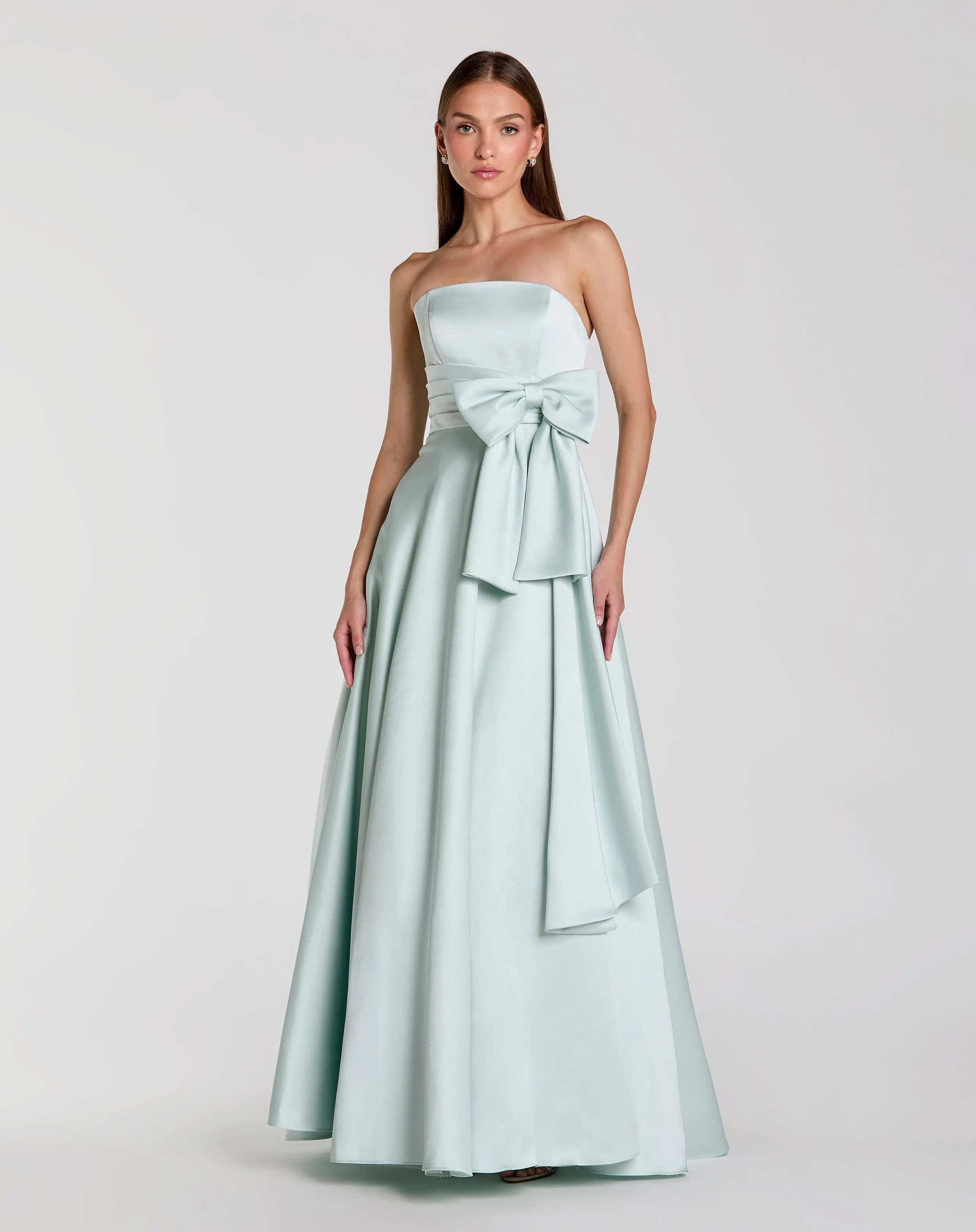 Green Strapless Satin Ball Gown with Bow Detail - Ieena for Mac Duggal