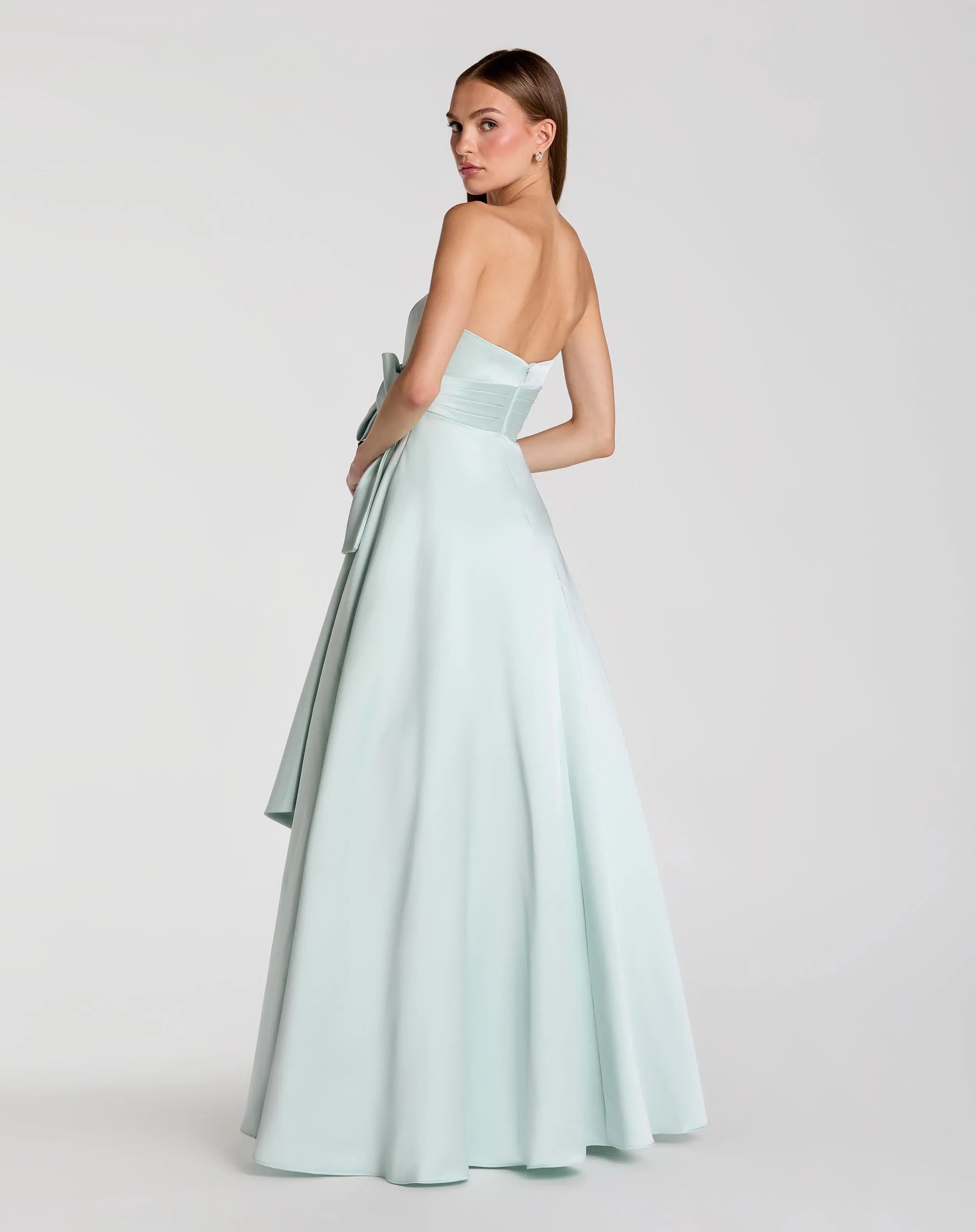 Green Strapless Satin Ball Gown with Bow Detail - Ieena for Mac Duggal