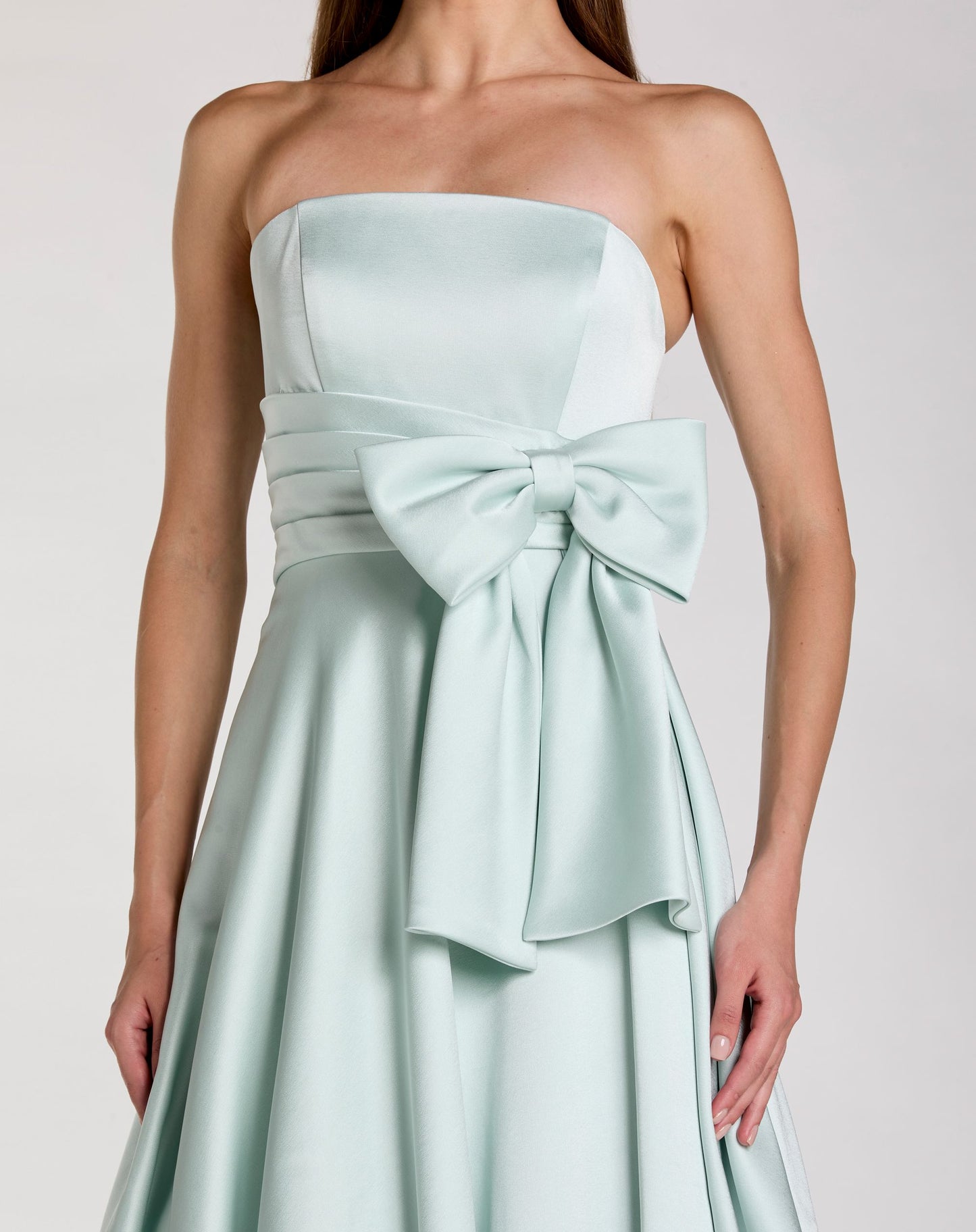 Green Strapless Satin Ball Gown with Bow Detail - Ieena for Mac Duggal