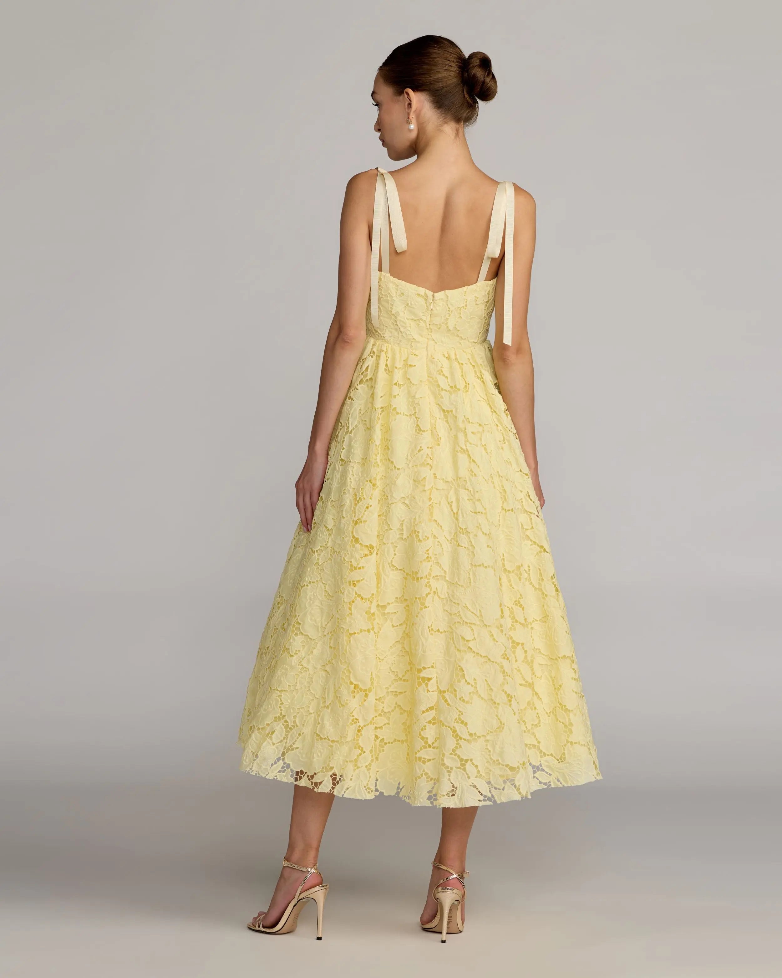 Yellow Lace Bow Strap Midi Dress Ieena for Mac Duggal 