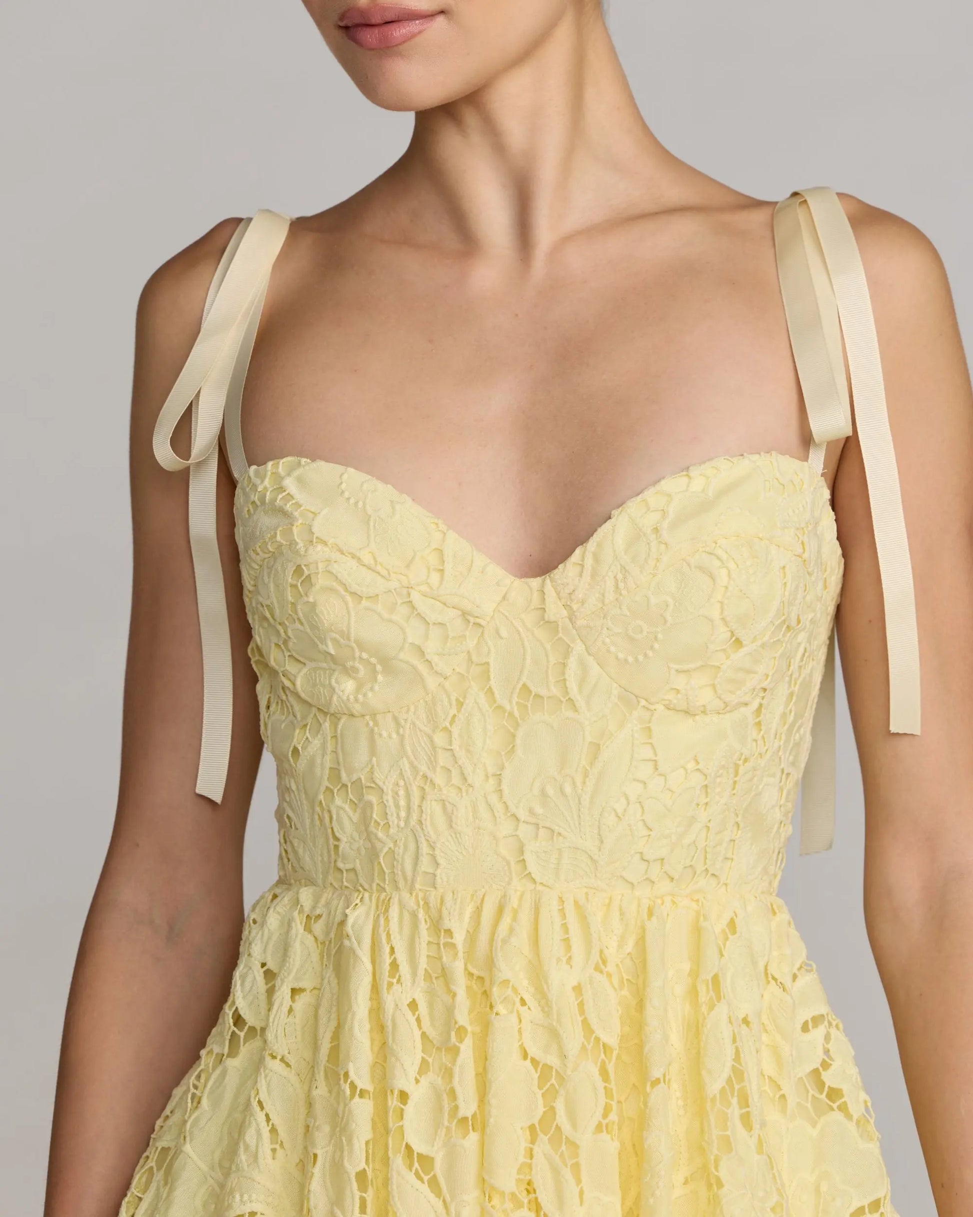 Ieena for Mac Duggal - Yellow Lace Bow Strap Midi Dress - Butter / US 2 Ieena for Mac Duggal - Yellow Lace Bow Strap Midi Dress - Butter / US 2