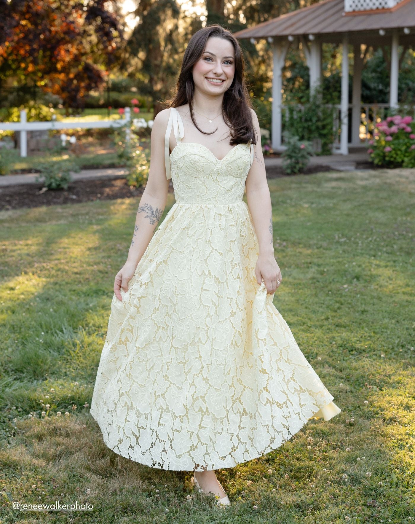 butter yellow lace dress Bow Strap Midi Size:L (40-42) Model is wearing size epos:dressstyle:Wrap Pakistani Dresses Best Brand