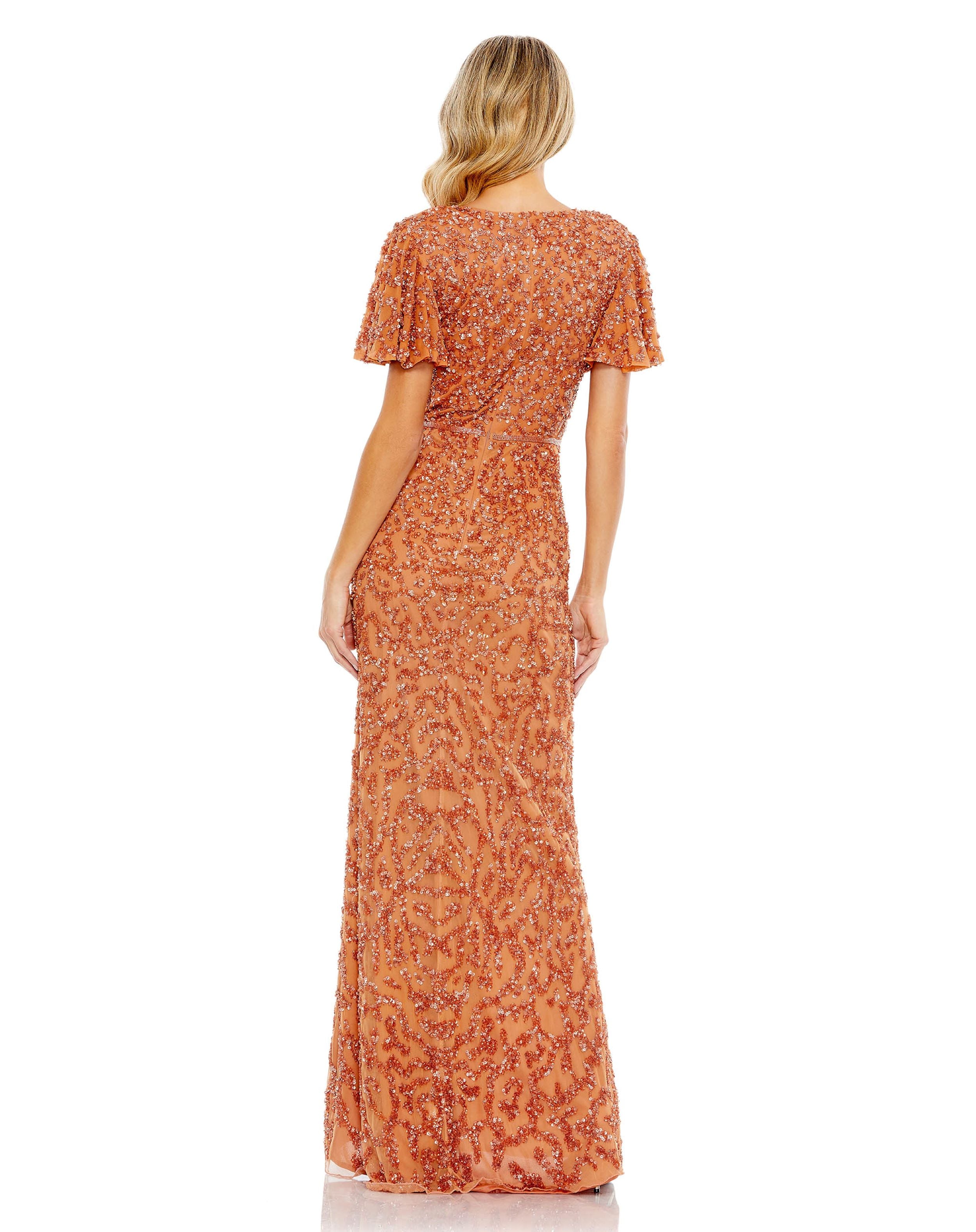 Sequined Wrap Over Flutter Sleeve Gown  | Sample | Sz. 2