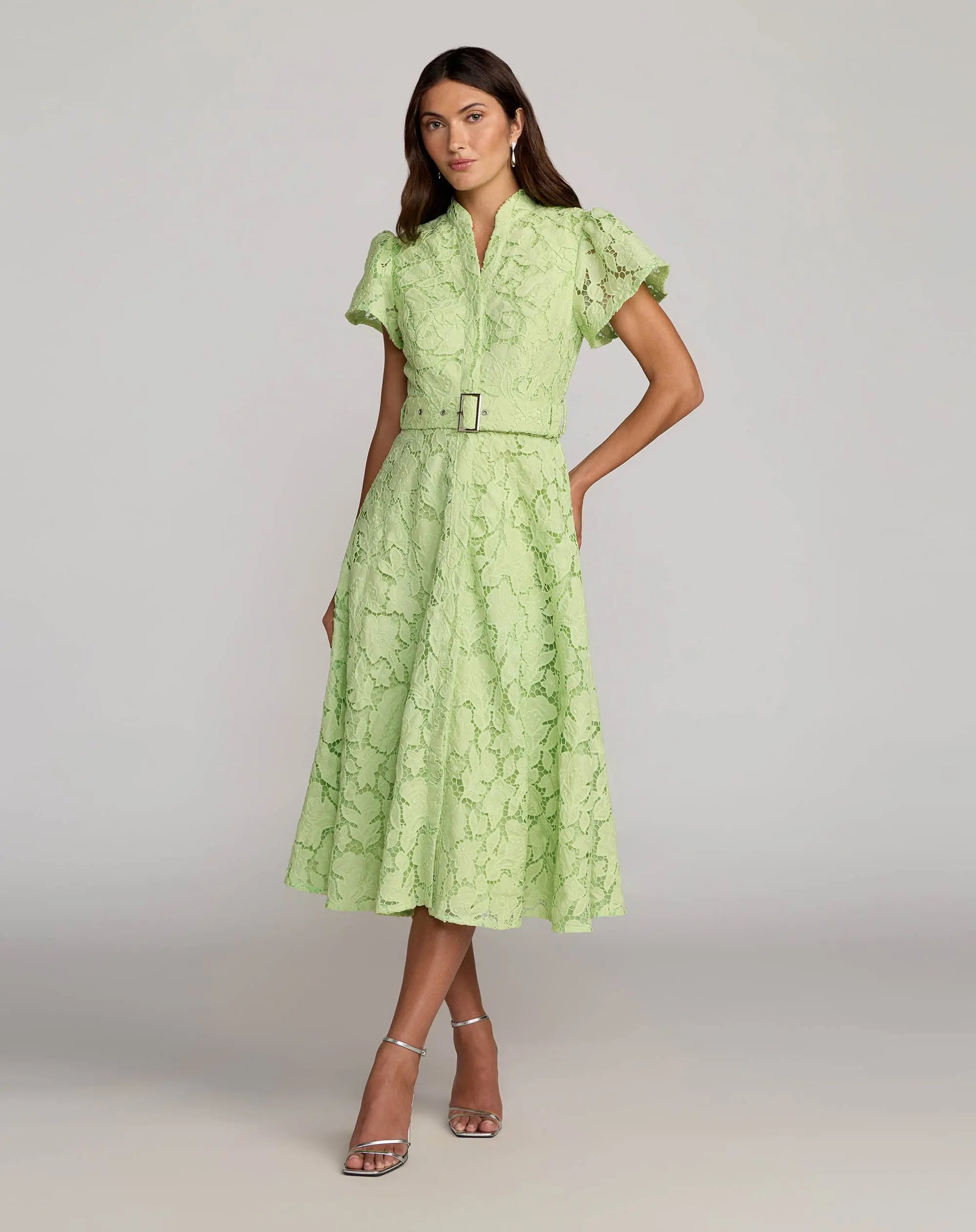 Green Embroidered Lace Belted Midi Dress | Mac Duggal Green Embroidered Lace Belted Midi Dress | Mac Duggal