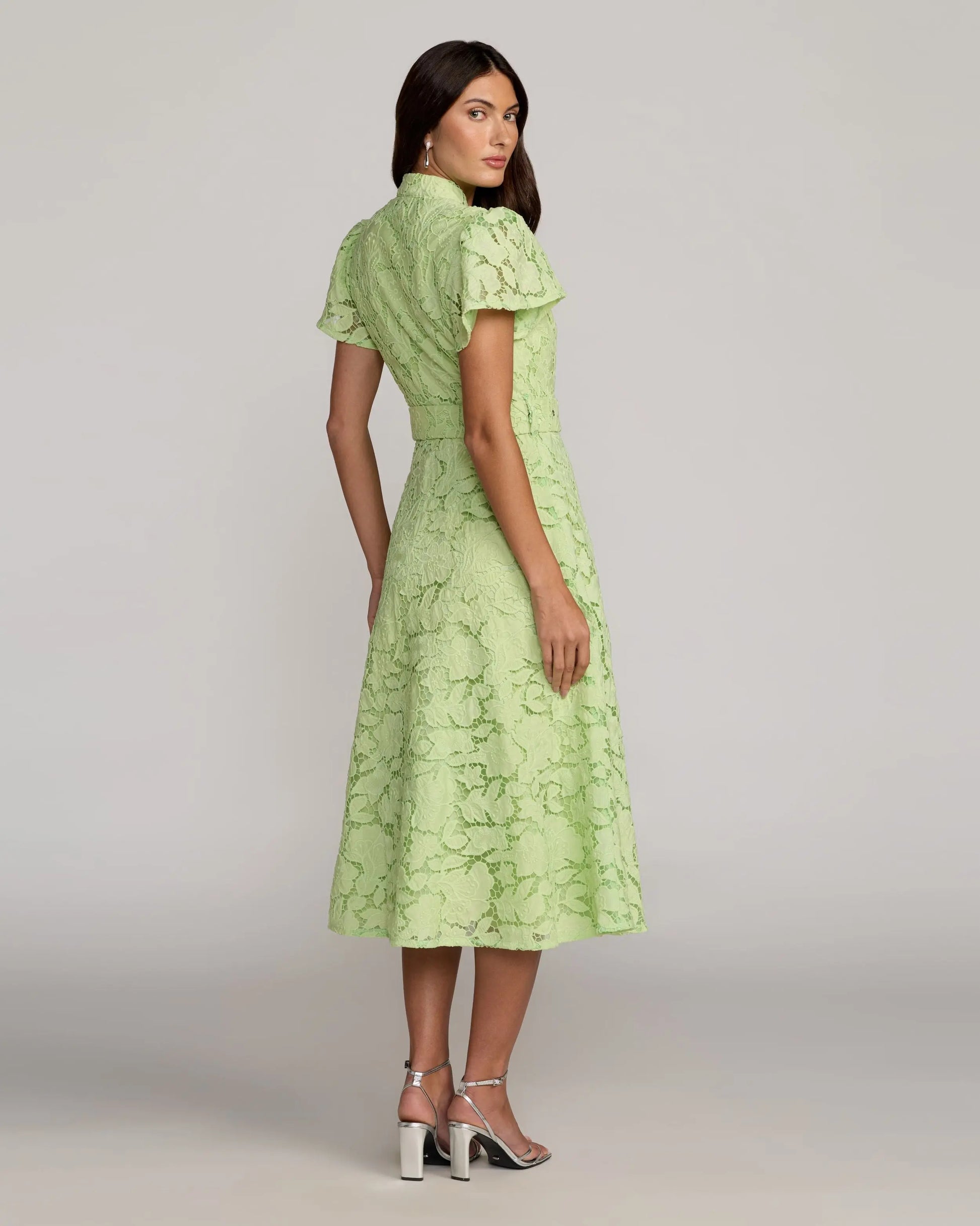 Green Embroidered Lace Belted Midi Dress | Mac Duggal Green Embroidered Lace Belted Midi Dress | Mac Duggal
