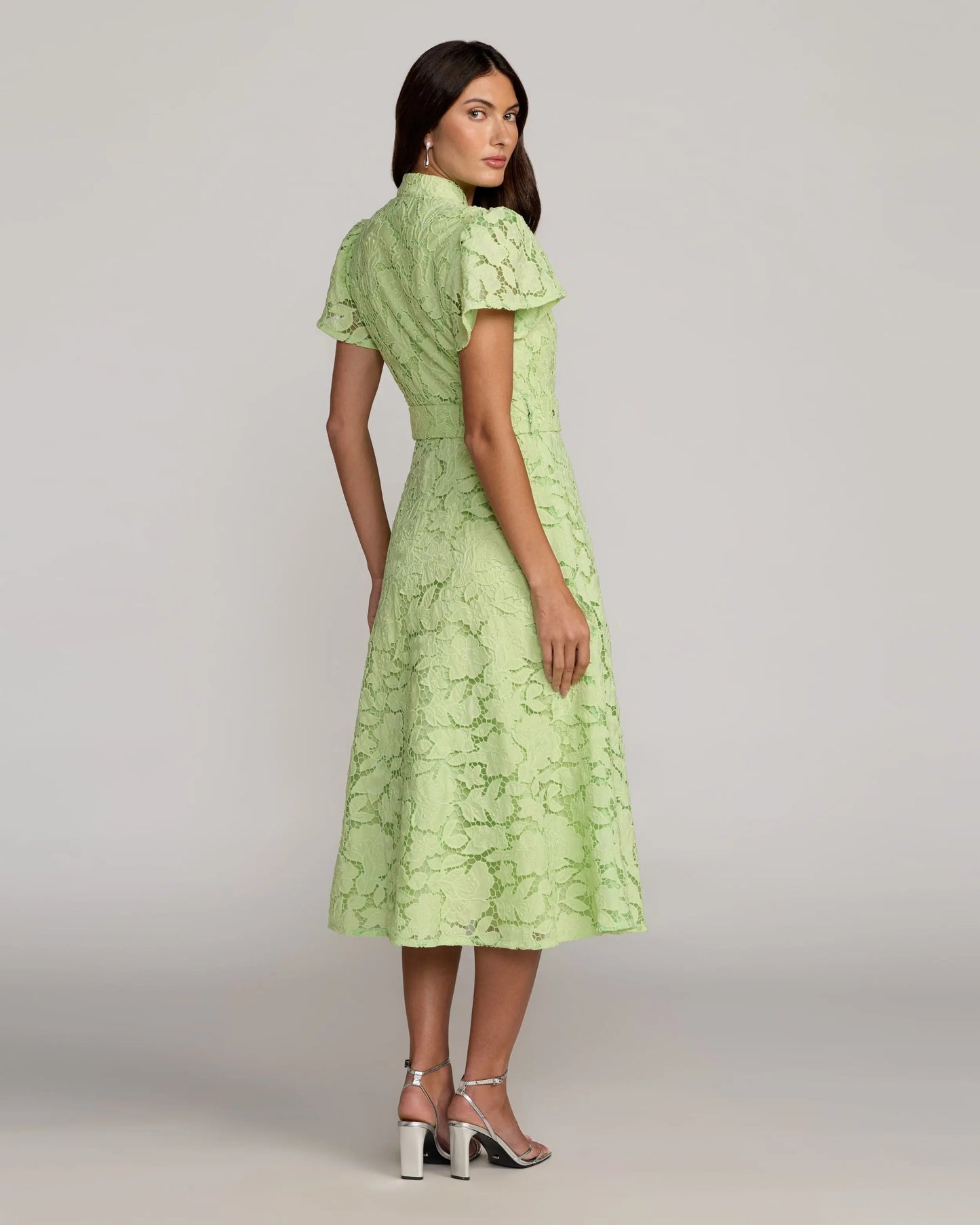 Green Embroidered Lace Belted Midi Dress Ieena for Mac Duggal