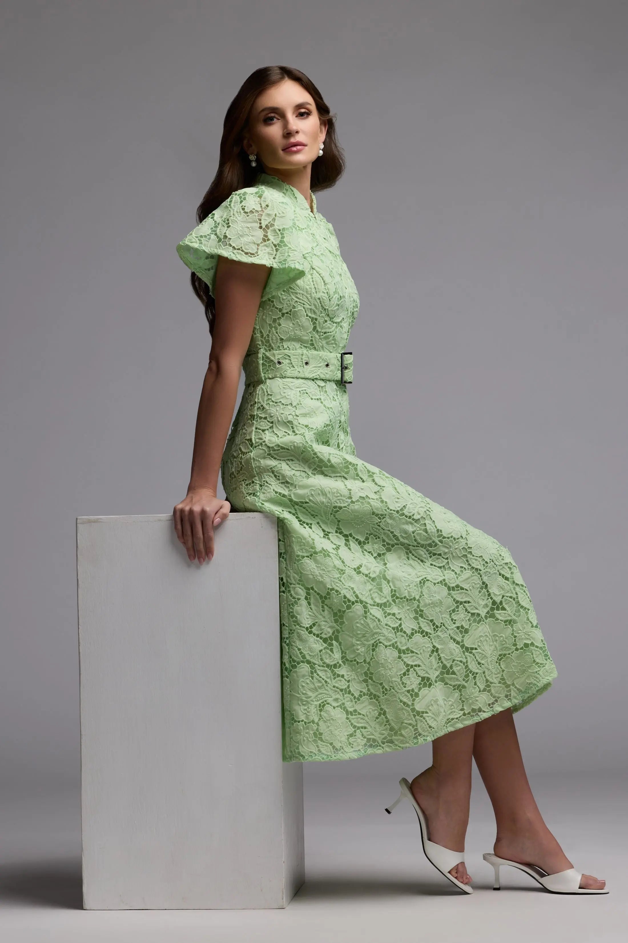 Green Embroidered Lace Belted Midi Dress Ieena for Mac Duggal