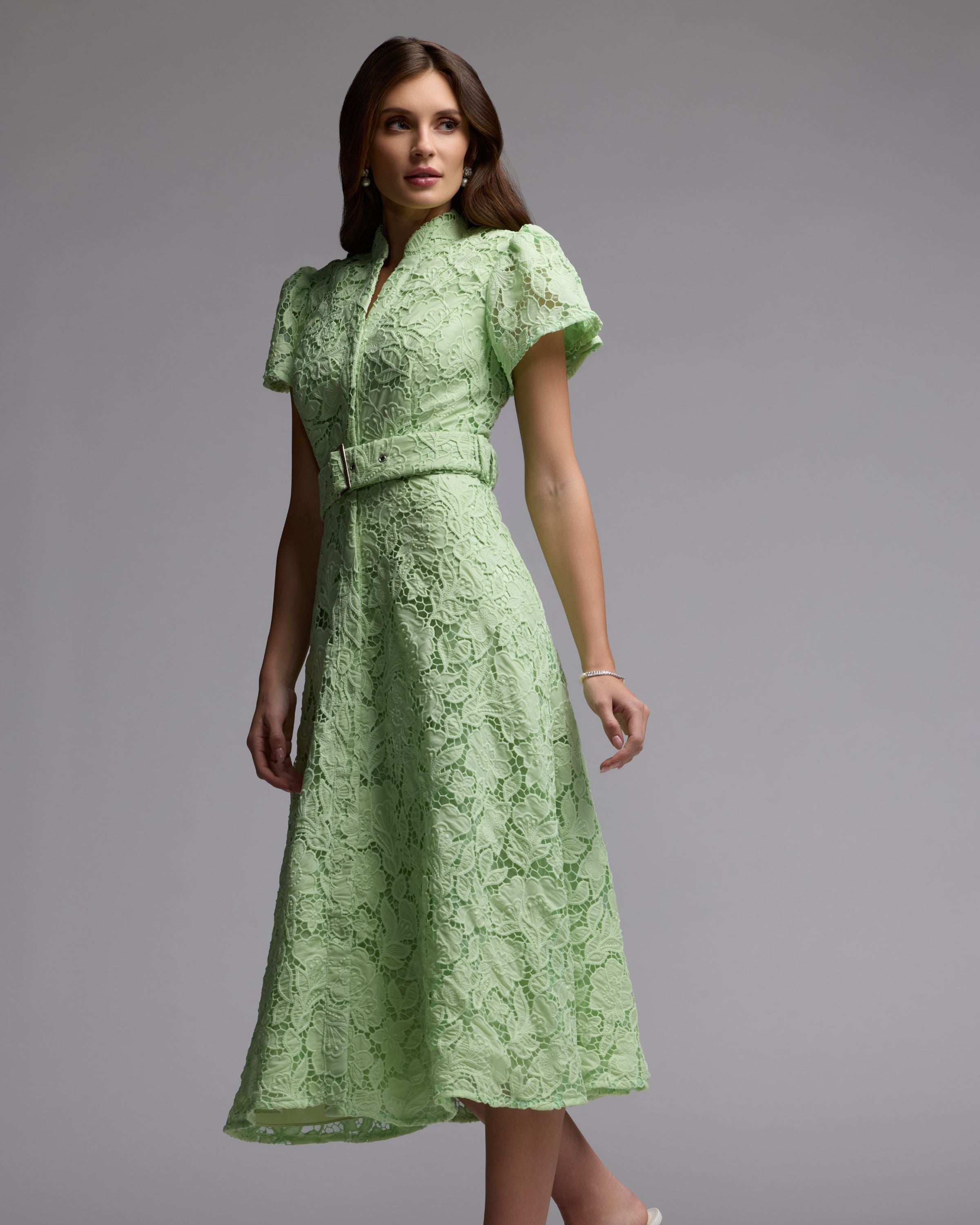 Green Embroidered Lace Belted Midi Dress Ieena for Mac Duggal