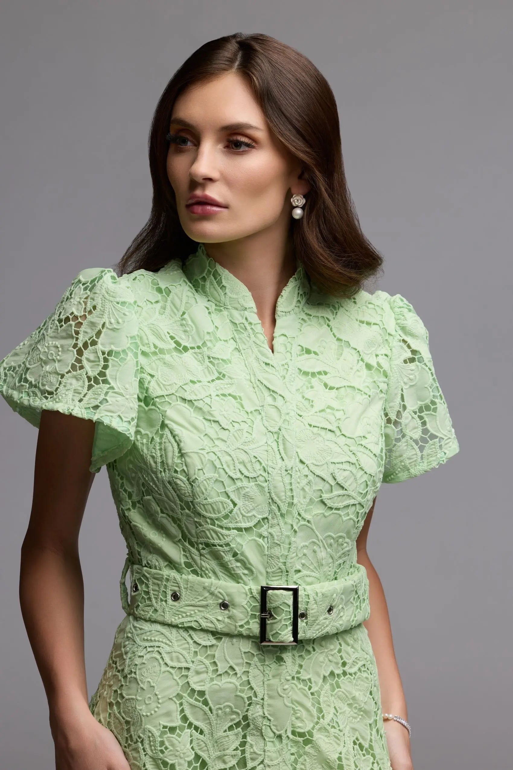 Green Embroidered Lace Belted Midi Dress Ieena for Mac Duggal