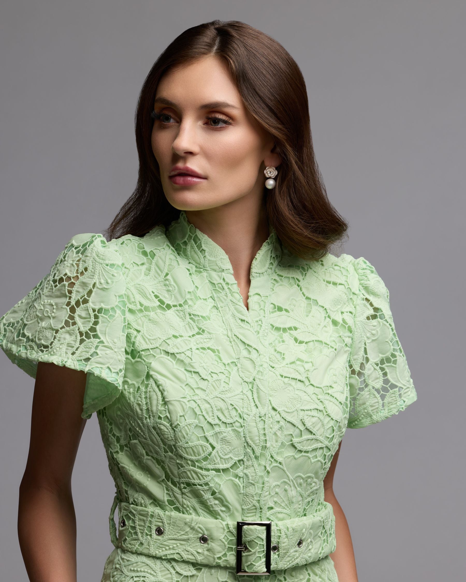 Green Embroidered Lace Belted Midi Dress Ieena for Mac Duggal