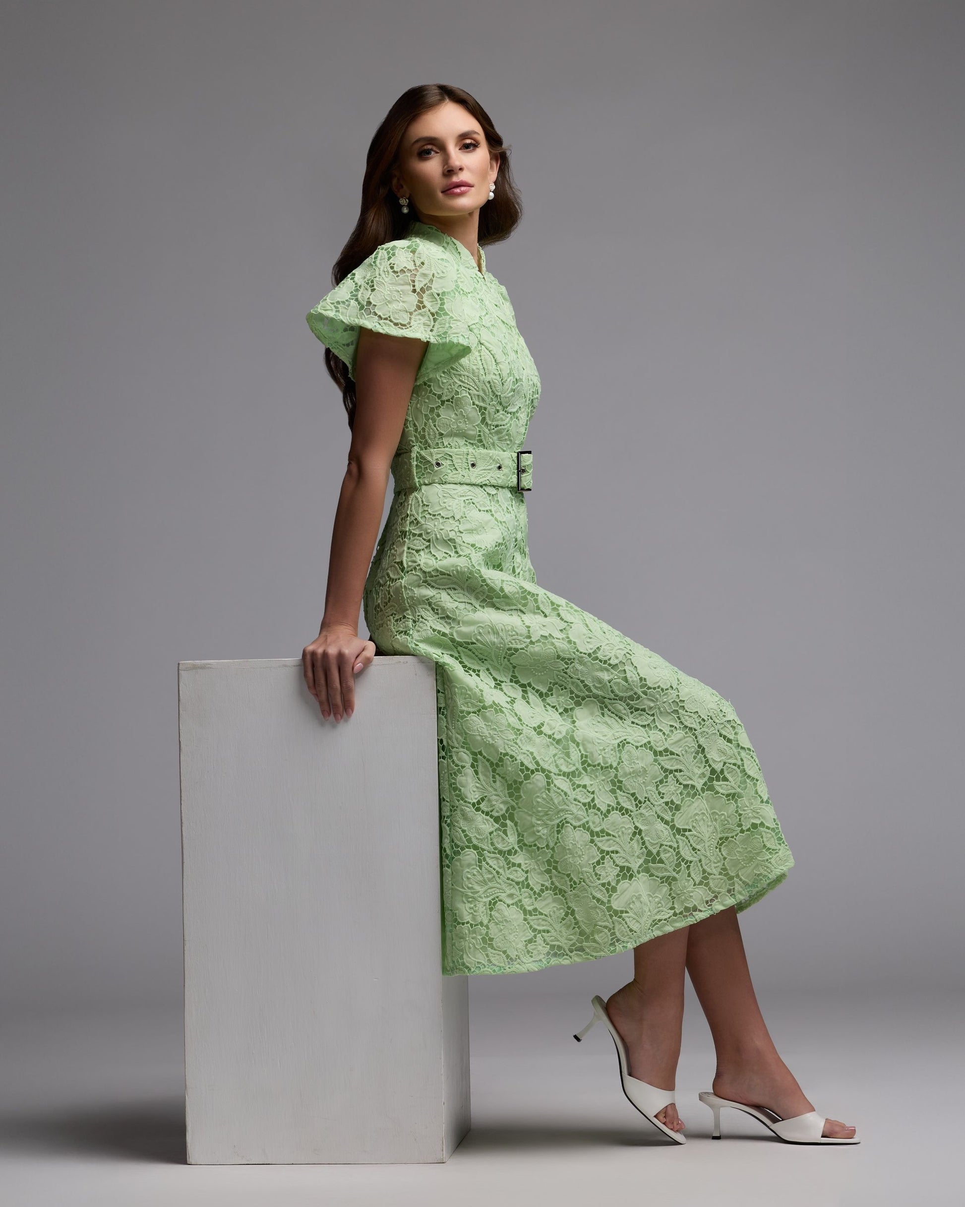 green lace midi dress Mac Duggal - Green Embroidered Lace Belted Midi Dress