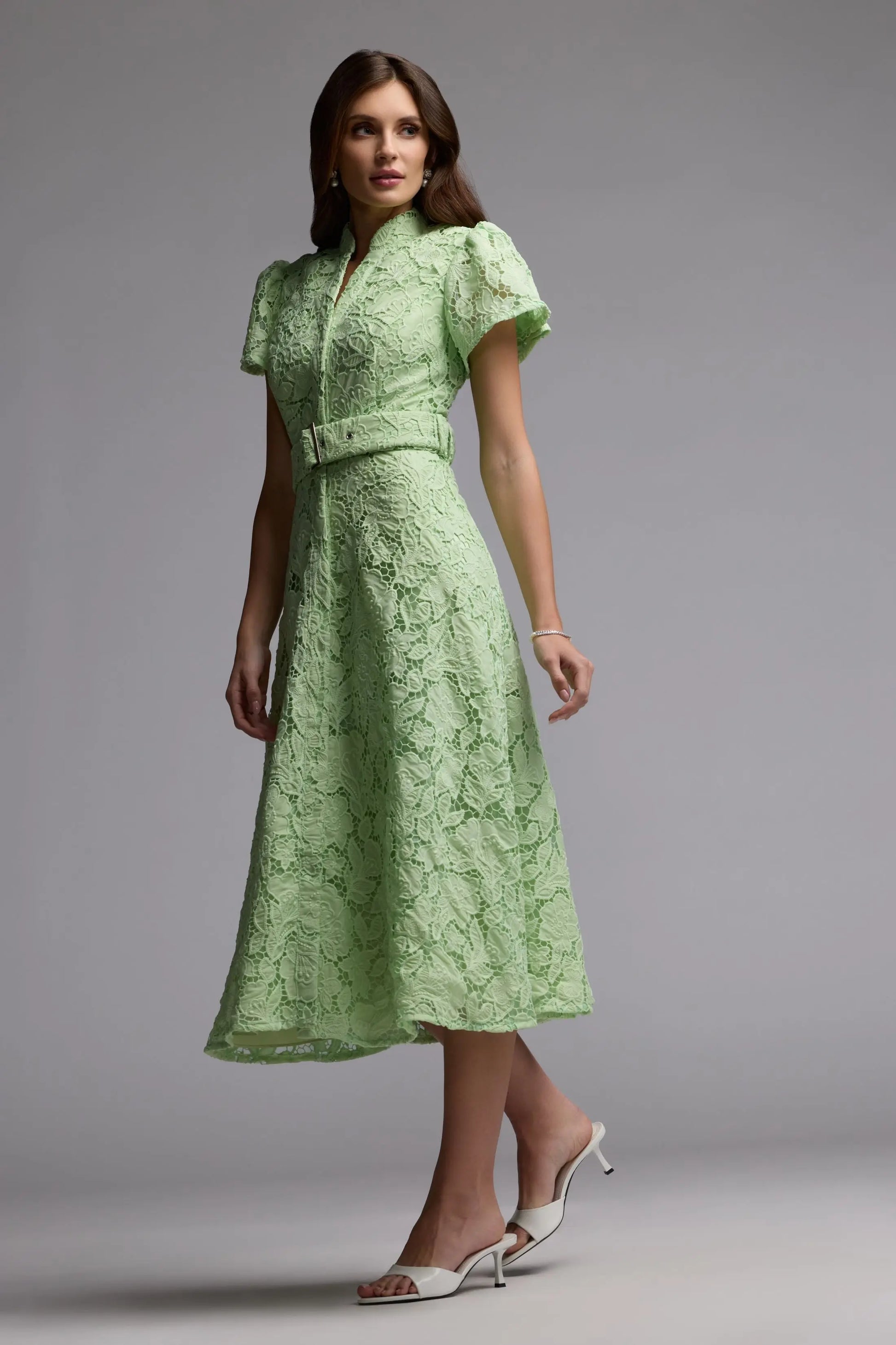 Green Embroidered Lace Belted Midi Dress Ieena for Mac Duggal