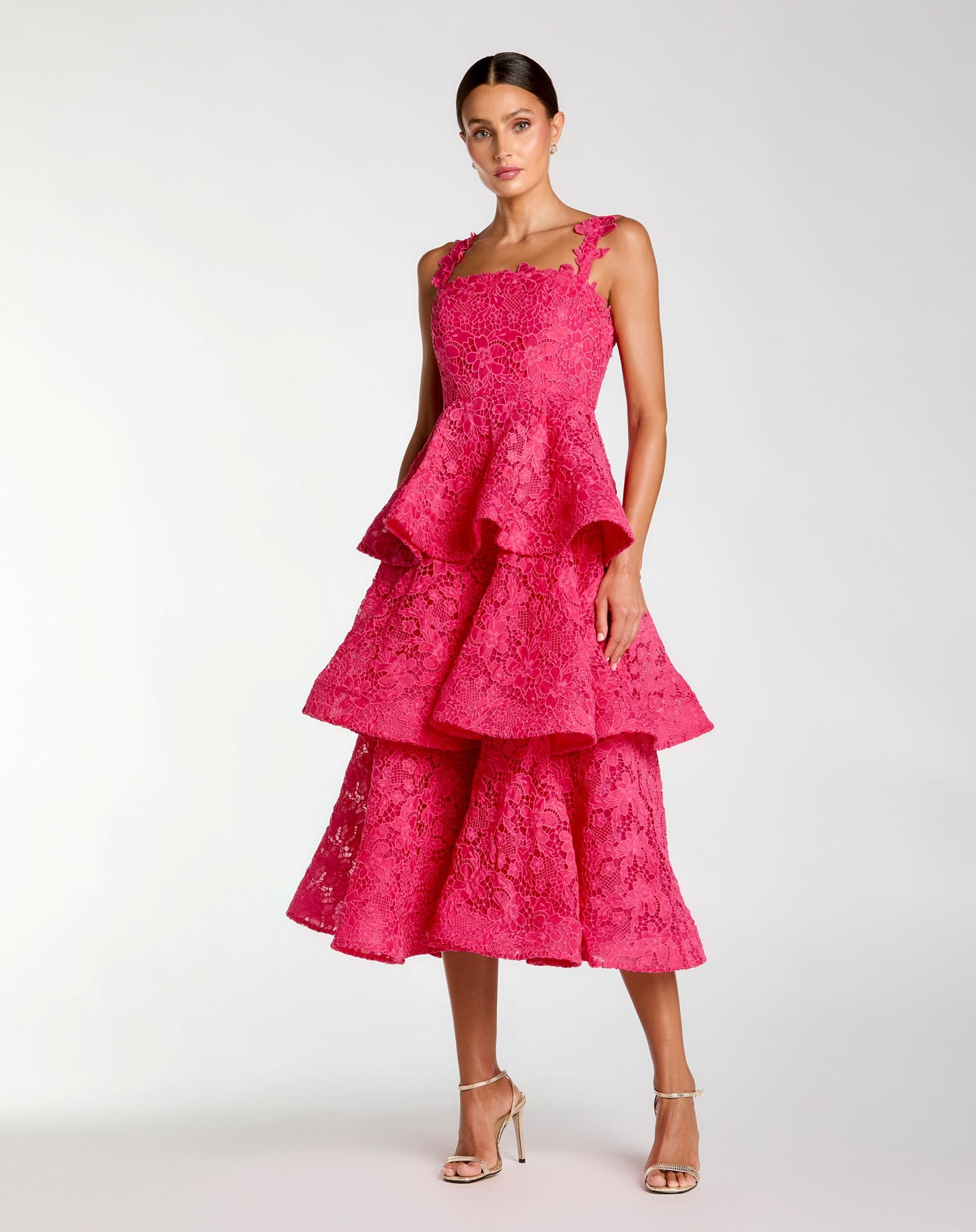 Pink Sleeveless Embroidered Lace Ruffle Midi Dress - Ieena for Mac Duggal