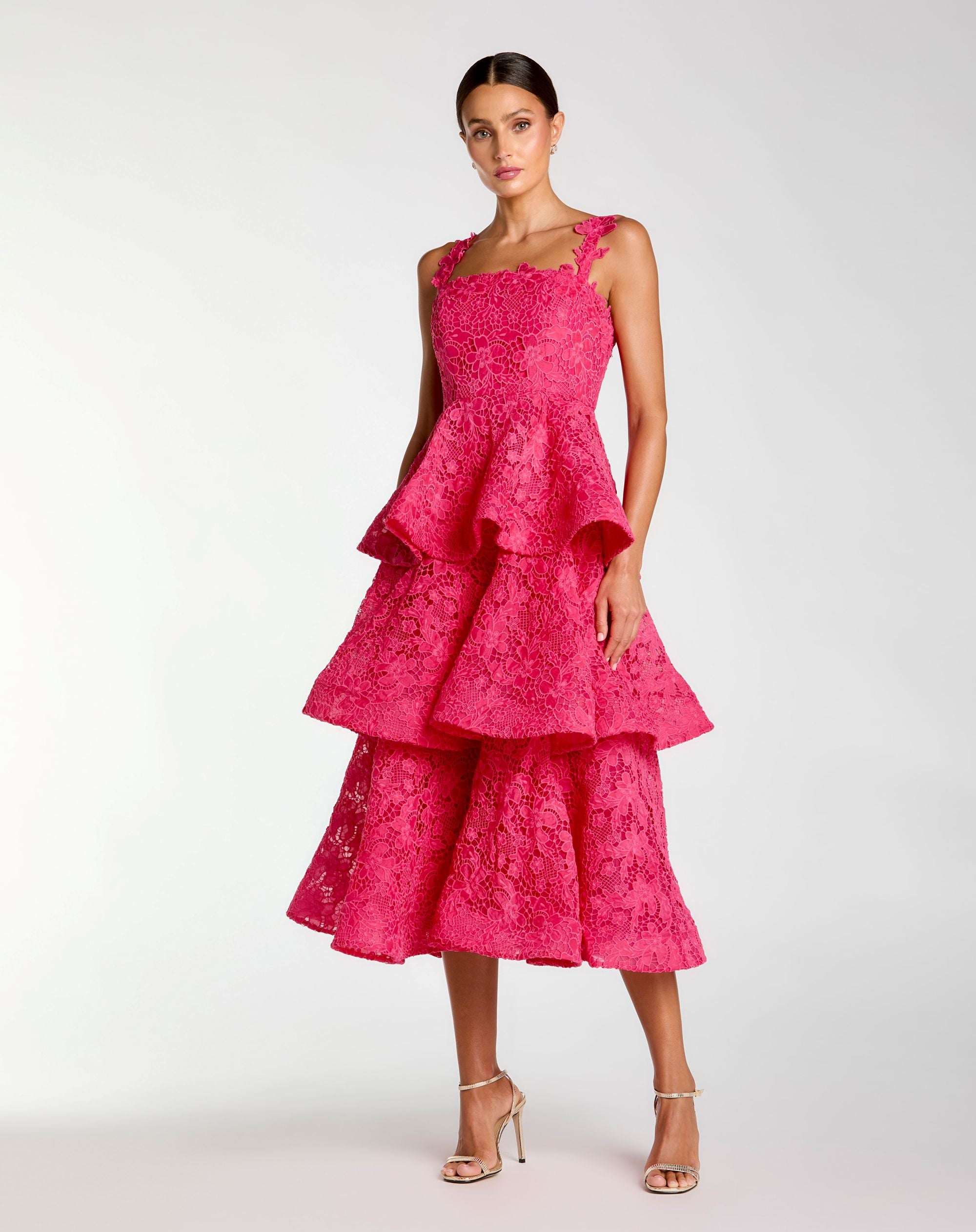 Pink Sleeveless Embroidered Lace Ruffle Midi Dress - Ieena for Mac Duggal