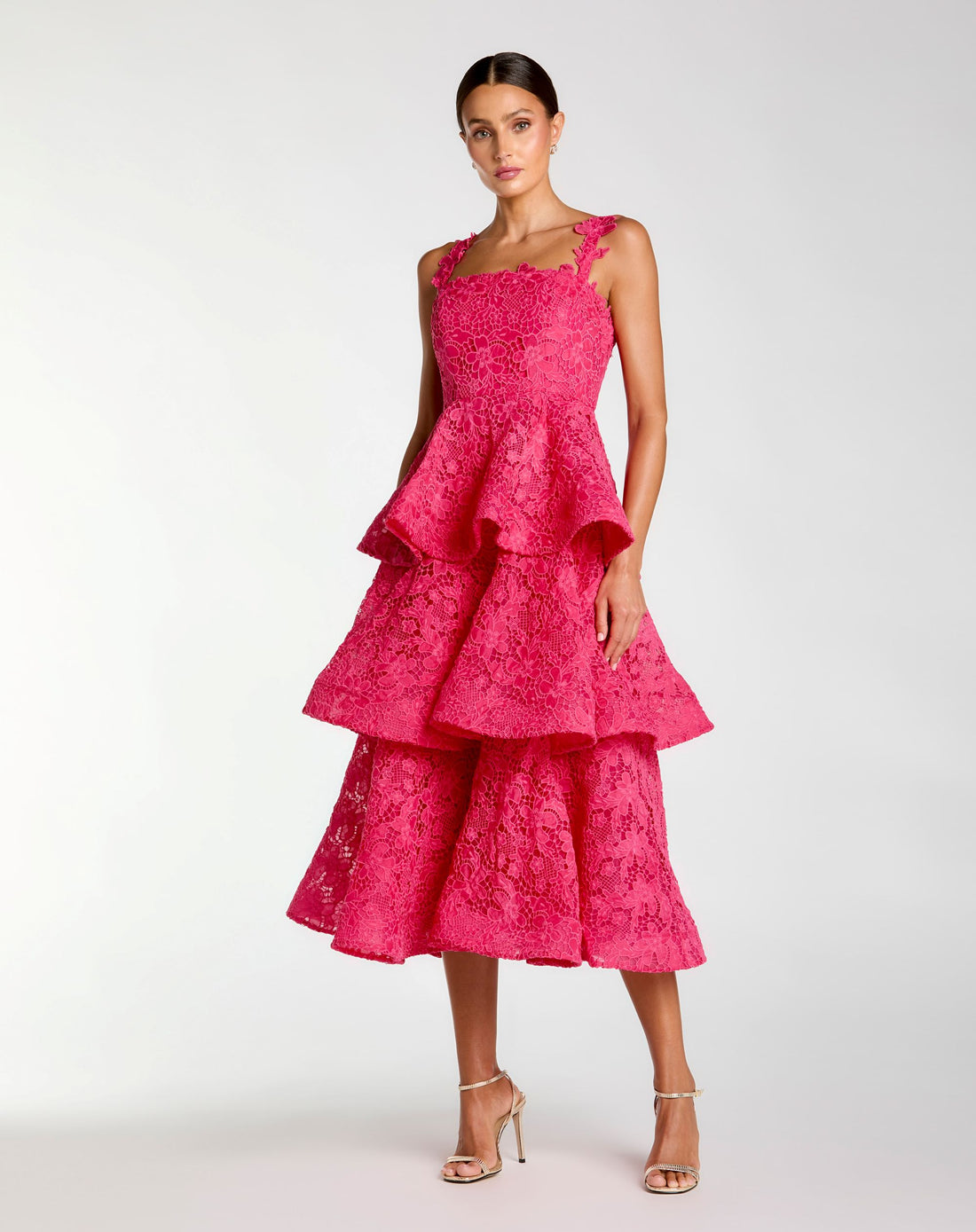 Pink Sleeveless Embroidered Lace Ruffle Midi Dress - Ieena for Mac Duggal