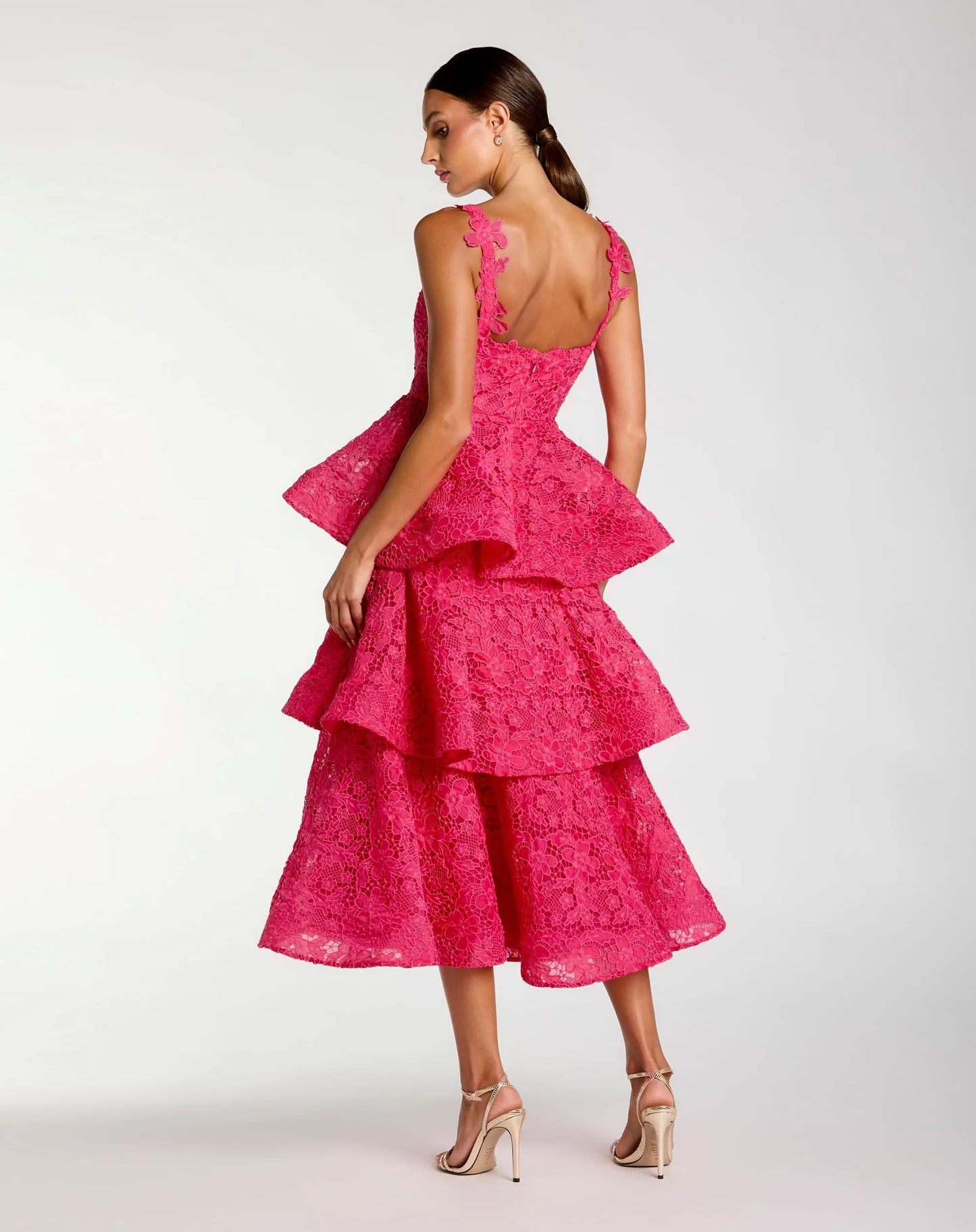 Pink Sleeveless Embroidered Lace Ruffle Midi Dress | Mac Duggal Pink Sleeveless Embroidered Lace Ruffle Midi Dress | Mac Duggal