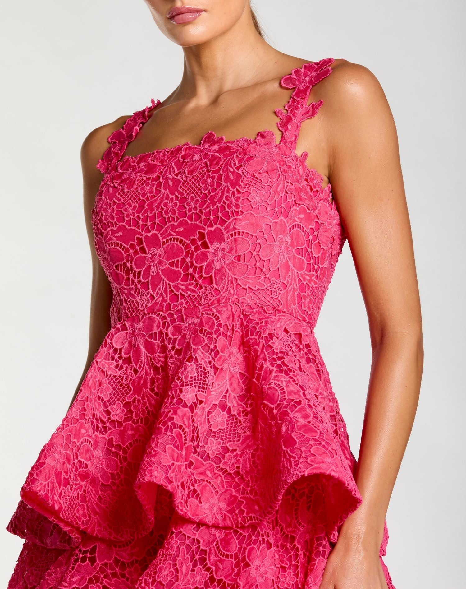 Pink Sleeveless Embroidered Lace Ruffle Midi Dress - Ieena for Mac Duggal