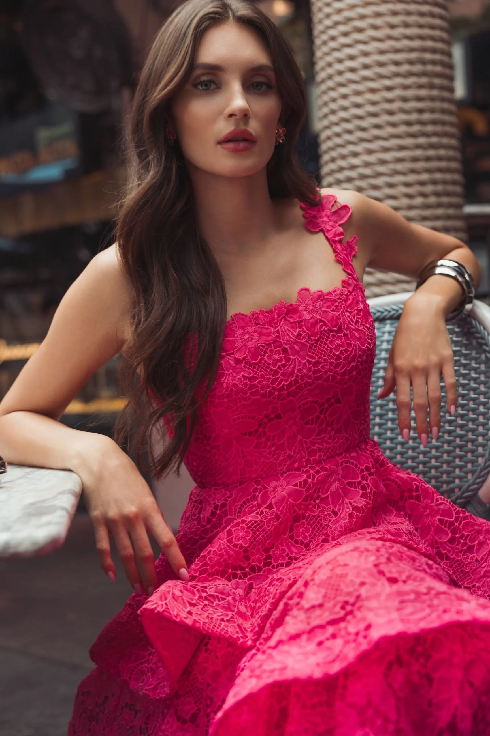 Pink Sleeveless Embroidered Lace Ruffle Midi Dress - Ieena for Mac Duggal