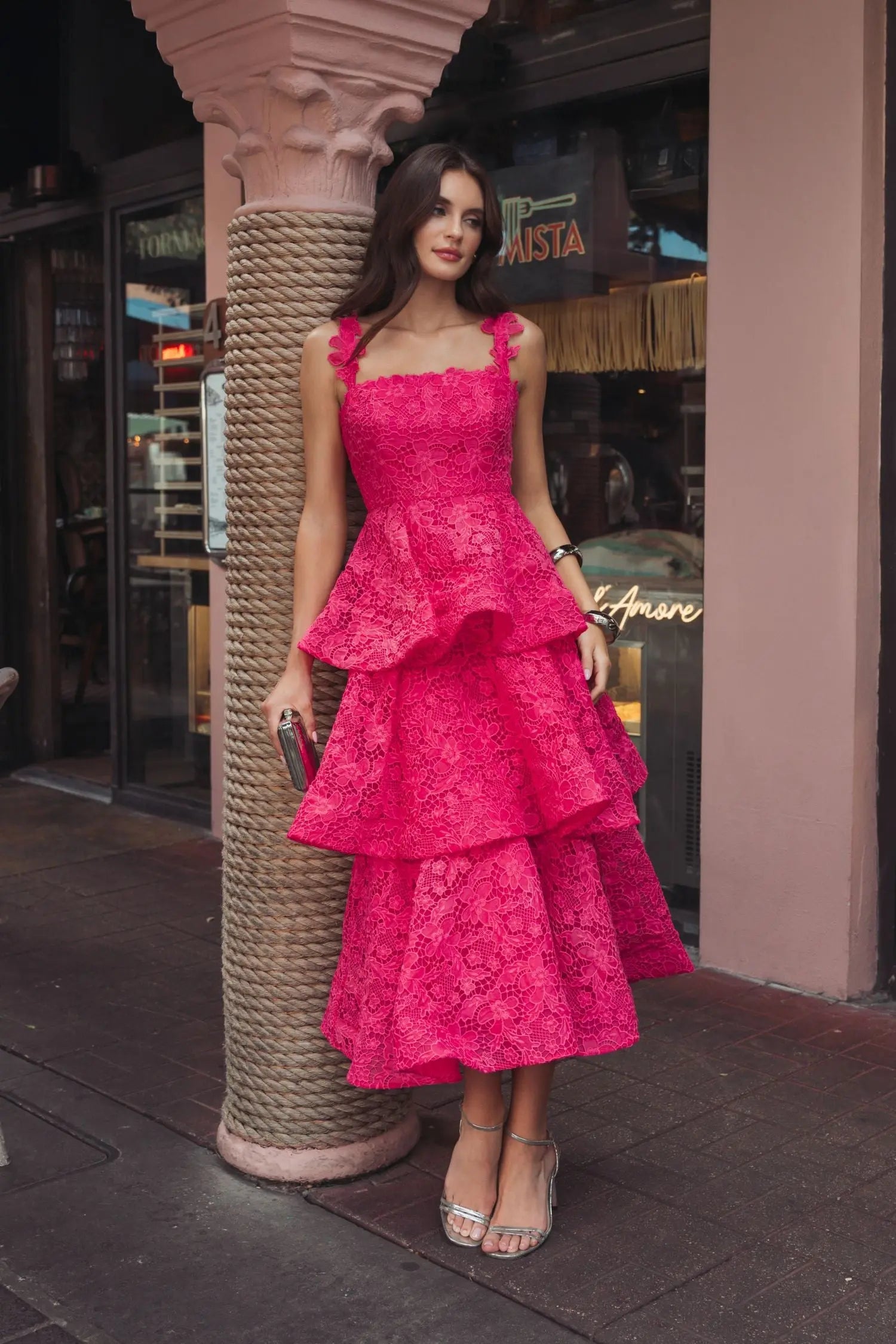 Pink Sleeveless Embroidered Lace Ruffle Midi Dress | Mac Duggal