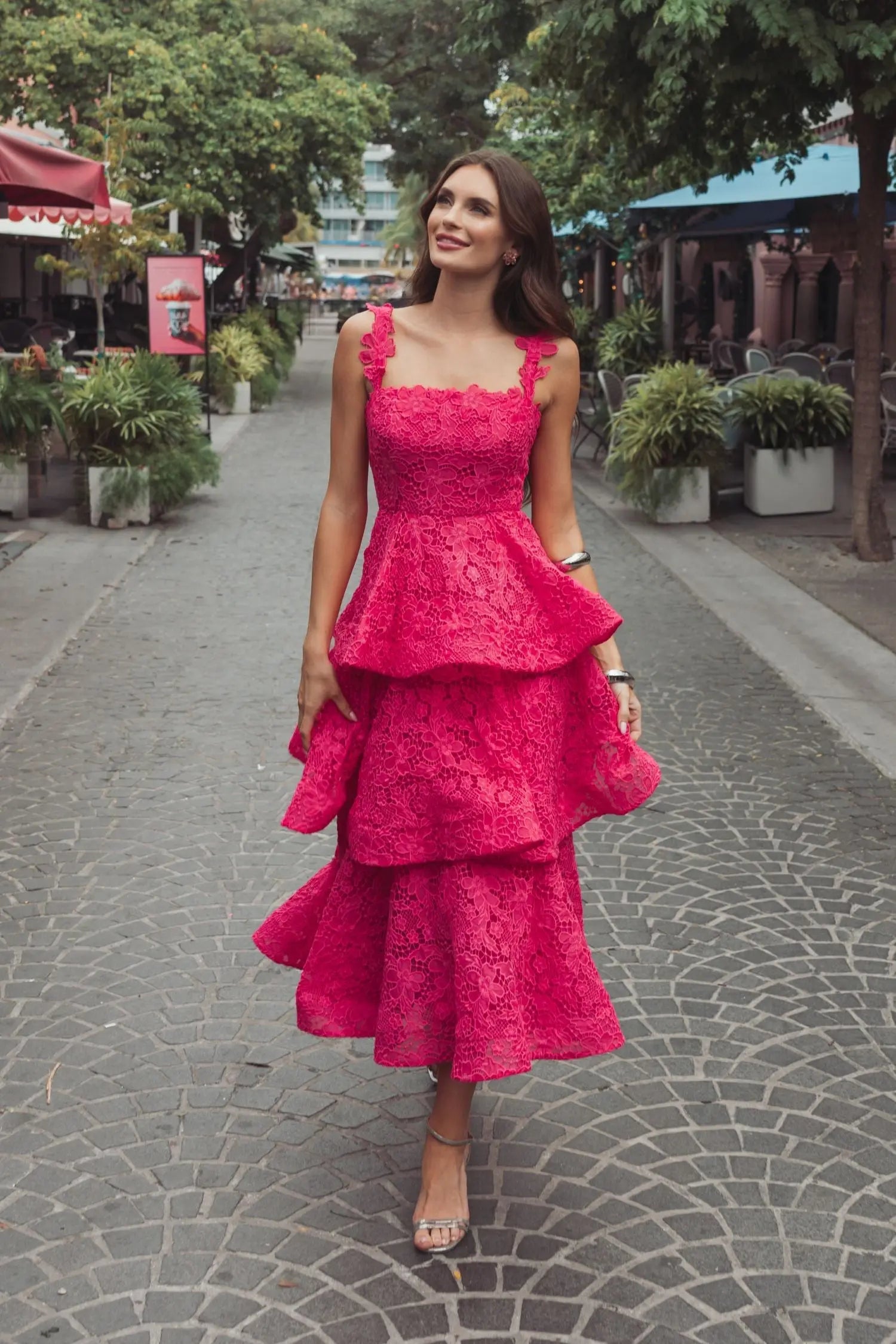 Pink Sleeveless Embroidered Lace Ruffle Midi Dress | Mac Duggal Pink Sleeveless Embroidered Lace Ruffle Midi Dress | Mac Duggal