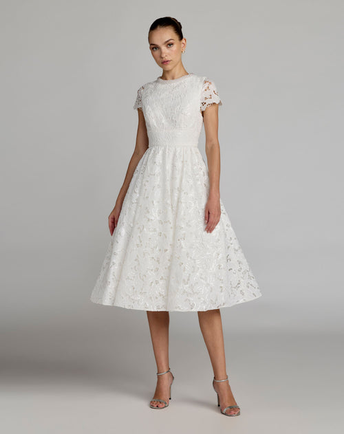 White Embroidered Lace A Line Midi Dress  - Ieena for Mac Duggal