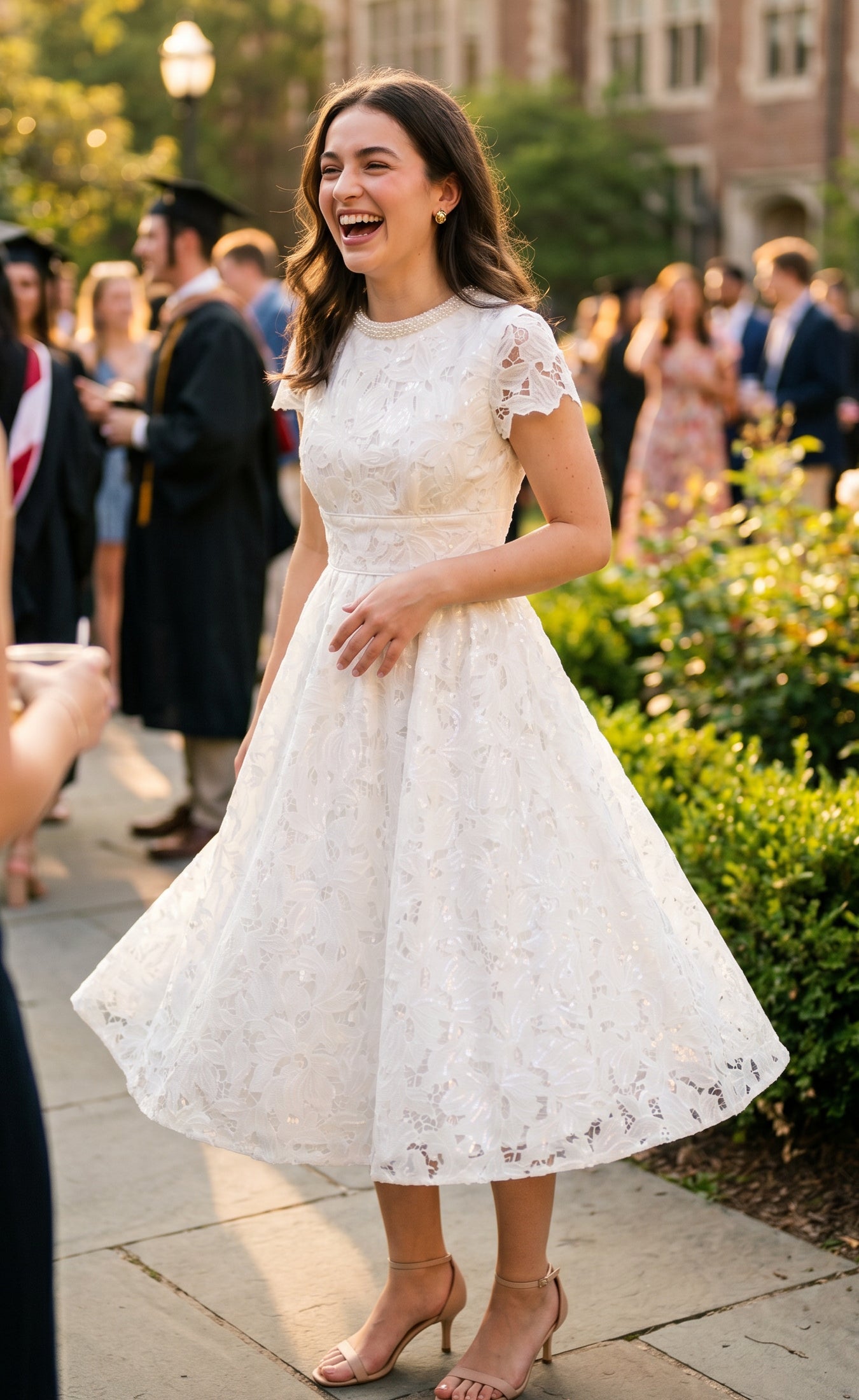 White Embroidered Lace A Line Midi Dress