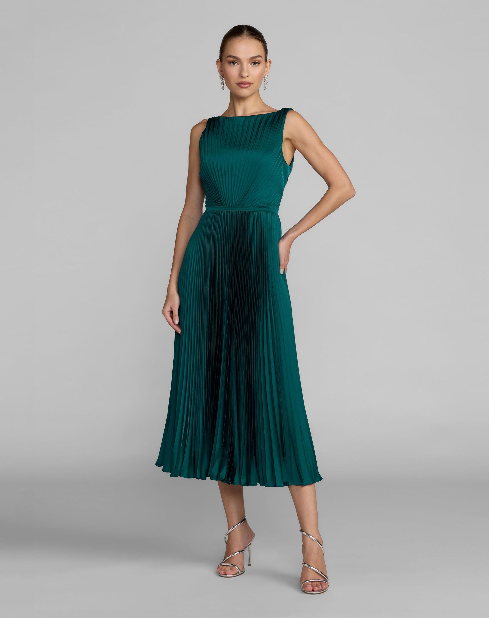 Teal Sleeveless High Neck Pleated Midi Dress - Ieena for Mac Duggal