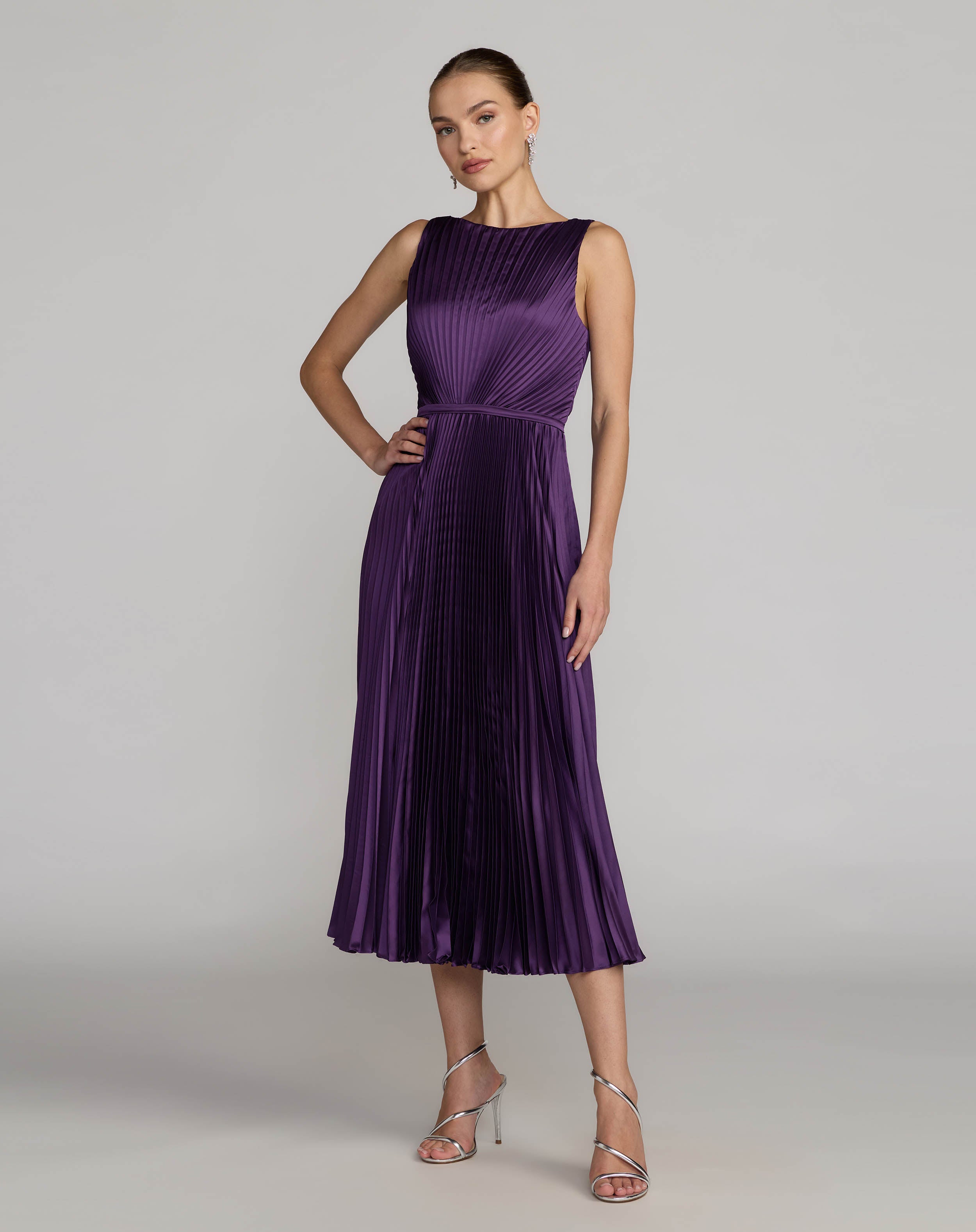 Purple Sleeveless High Neck Pleated Midi Dress ieena for Mac Duggal