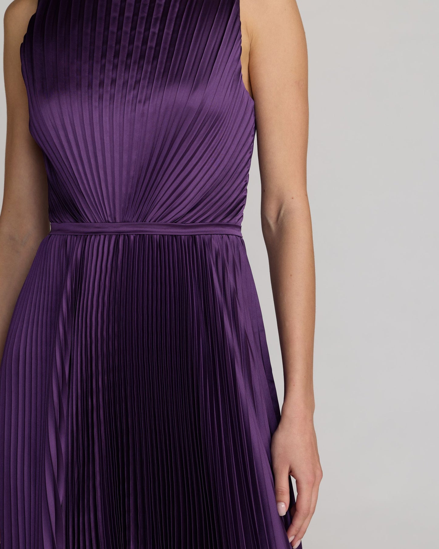 Purple Sleeveless High Neck Pleated Midi Dress ieena for Mac Duggal