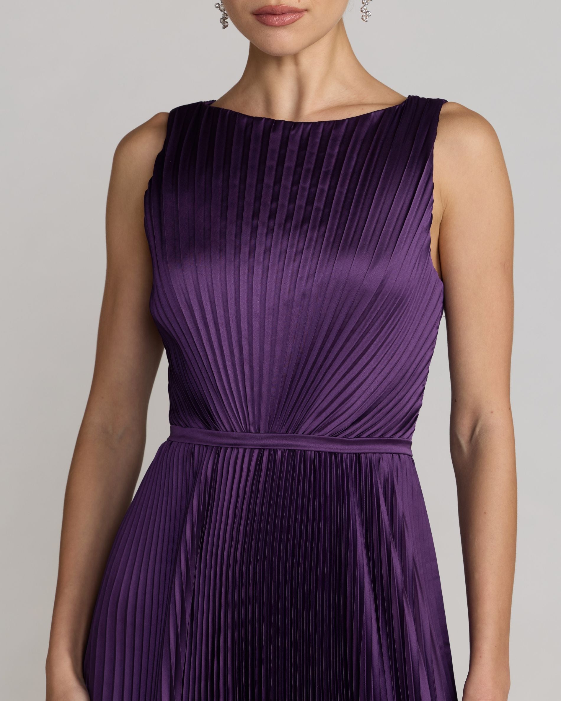 Purple Sleeveless High Neck Pleated Midi Dress | Mac Duggal