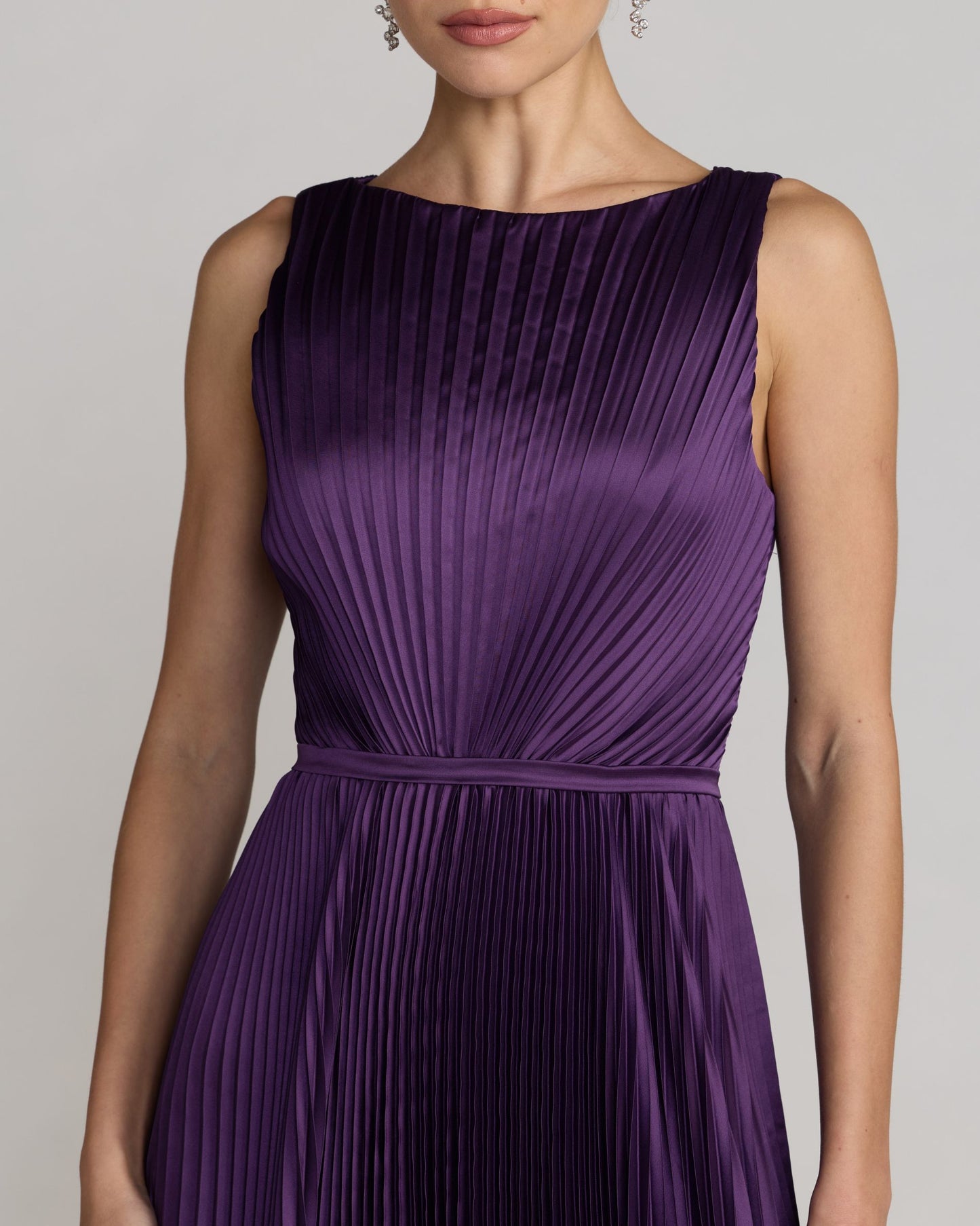 Purple Sleeveless High Neck Pleated Midi Dress ieena for Mac Duggal