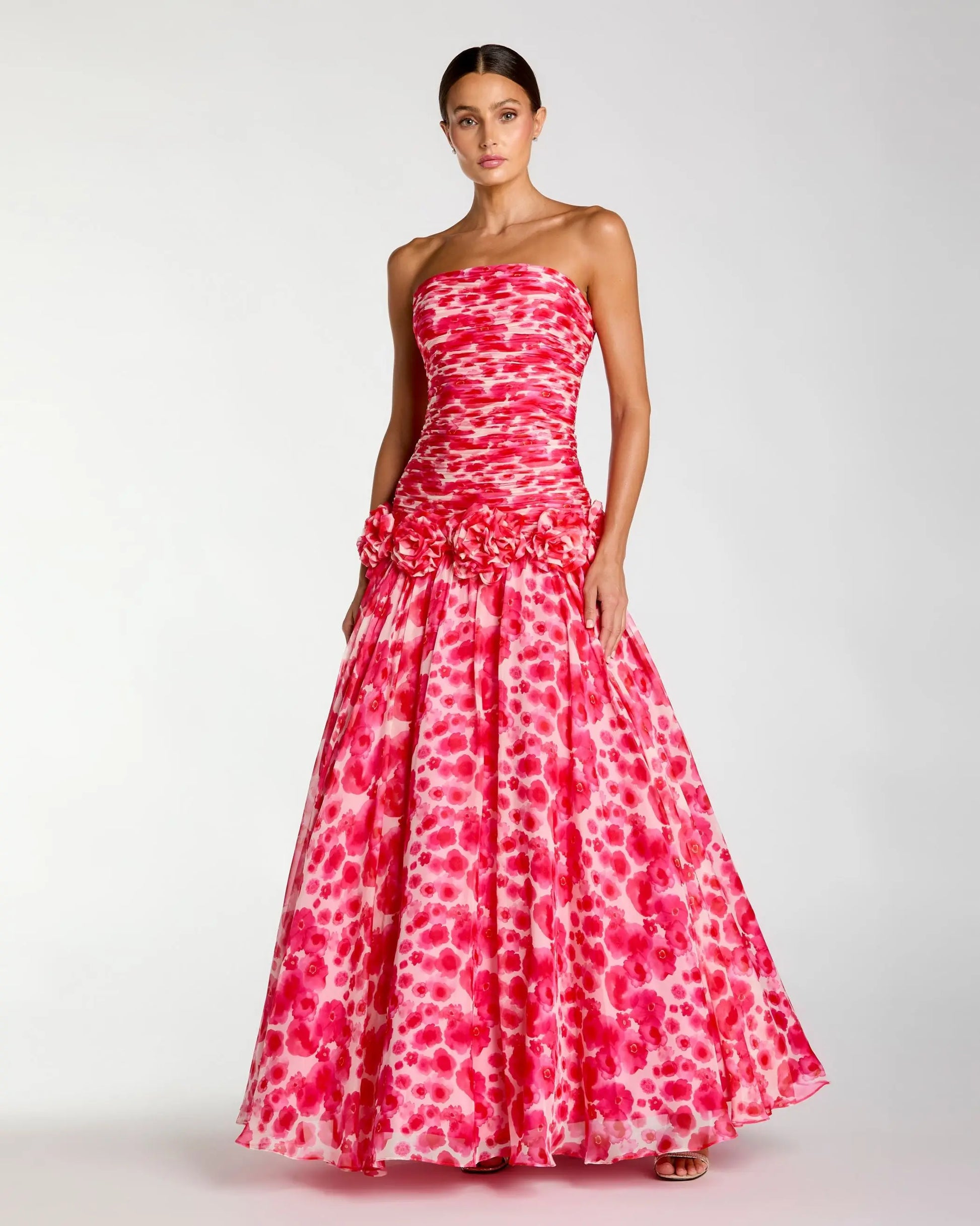 mac duggal strapless organza maxi dress White Strapless Polka Dot Organza Gown With Satin Bow
