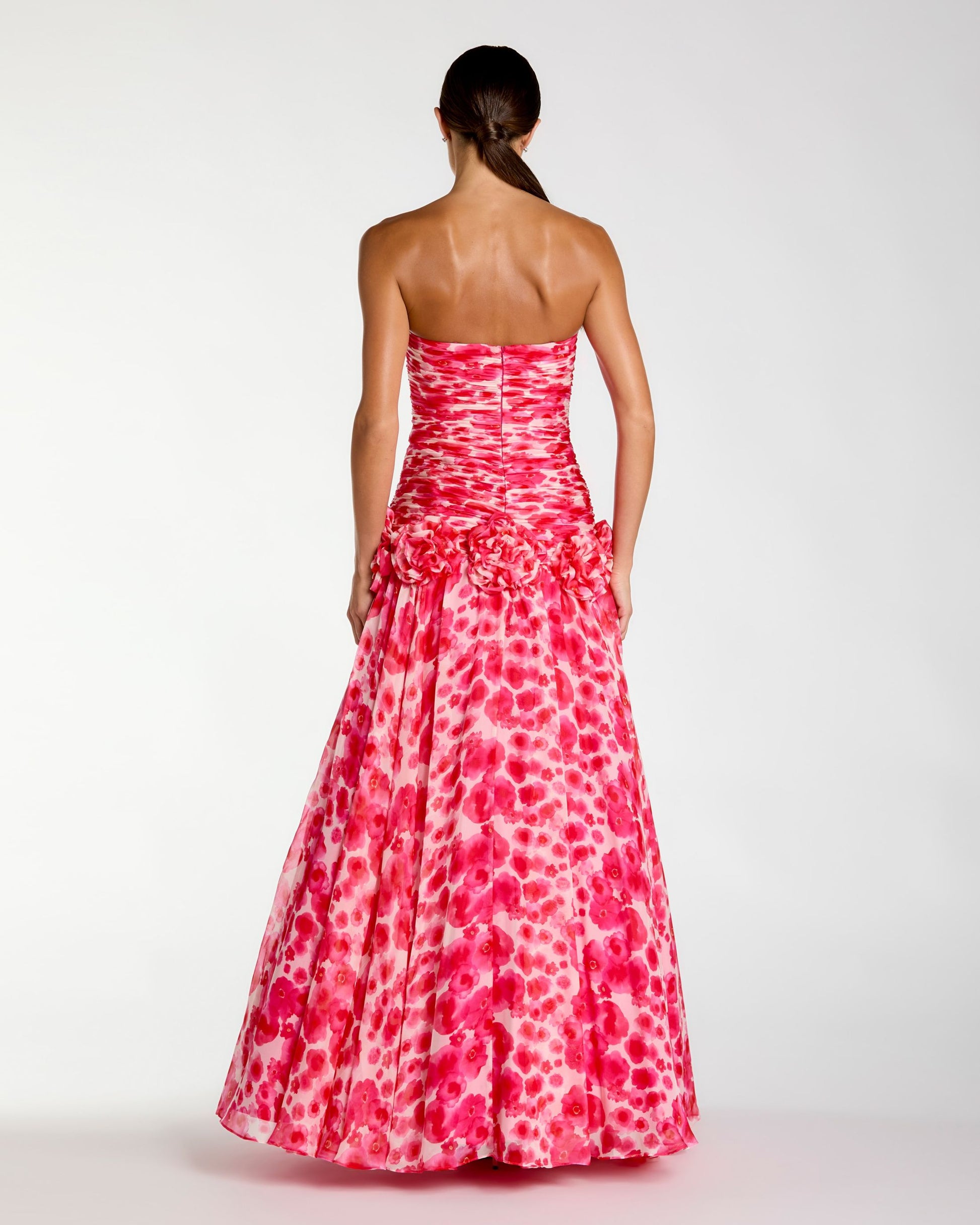 Pink Strapless Chiffon Ballgown with 3D Flowers Ieena for Mac Duggal
