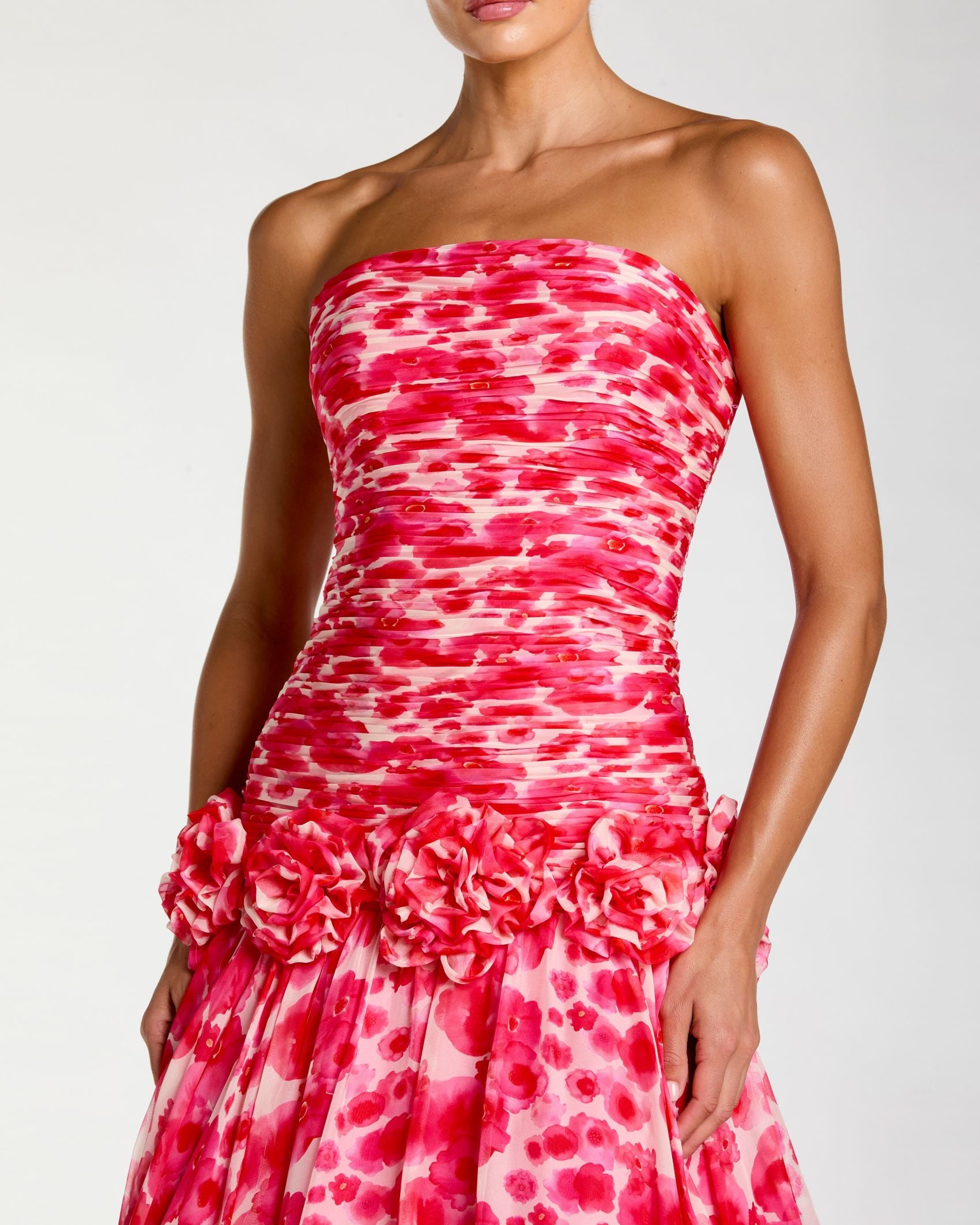 Pink Strapless Chiffon Ballgown with 3D Flowers Ieena for Mac Duggal