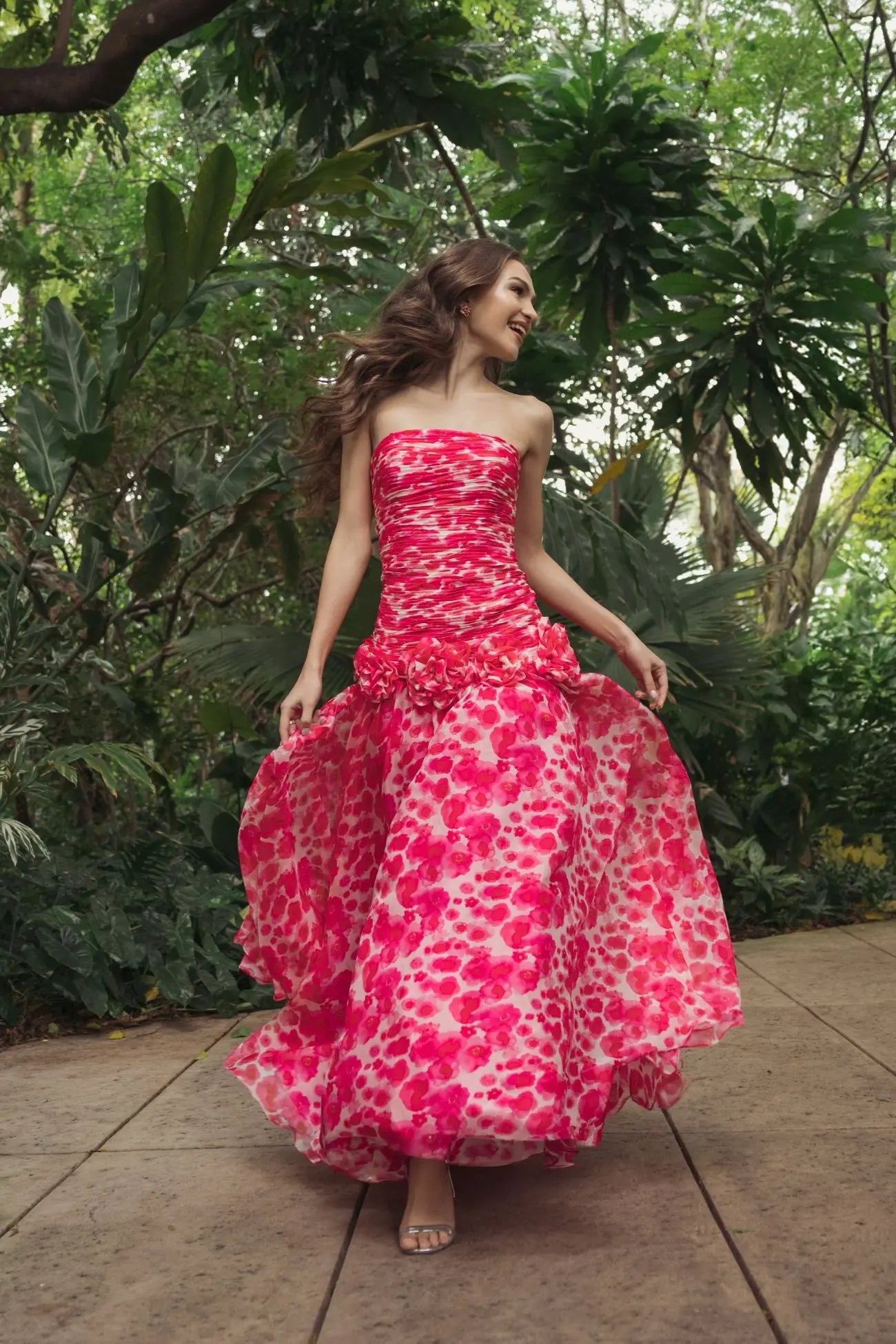 mac duggal strapless chiffon maxi dress Pink Strapless Floral Chiffon Gown with Ruched Detail