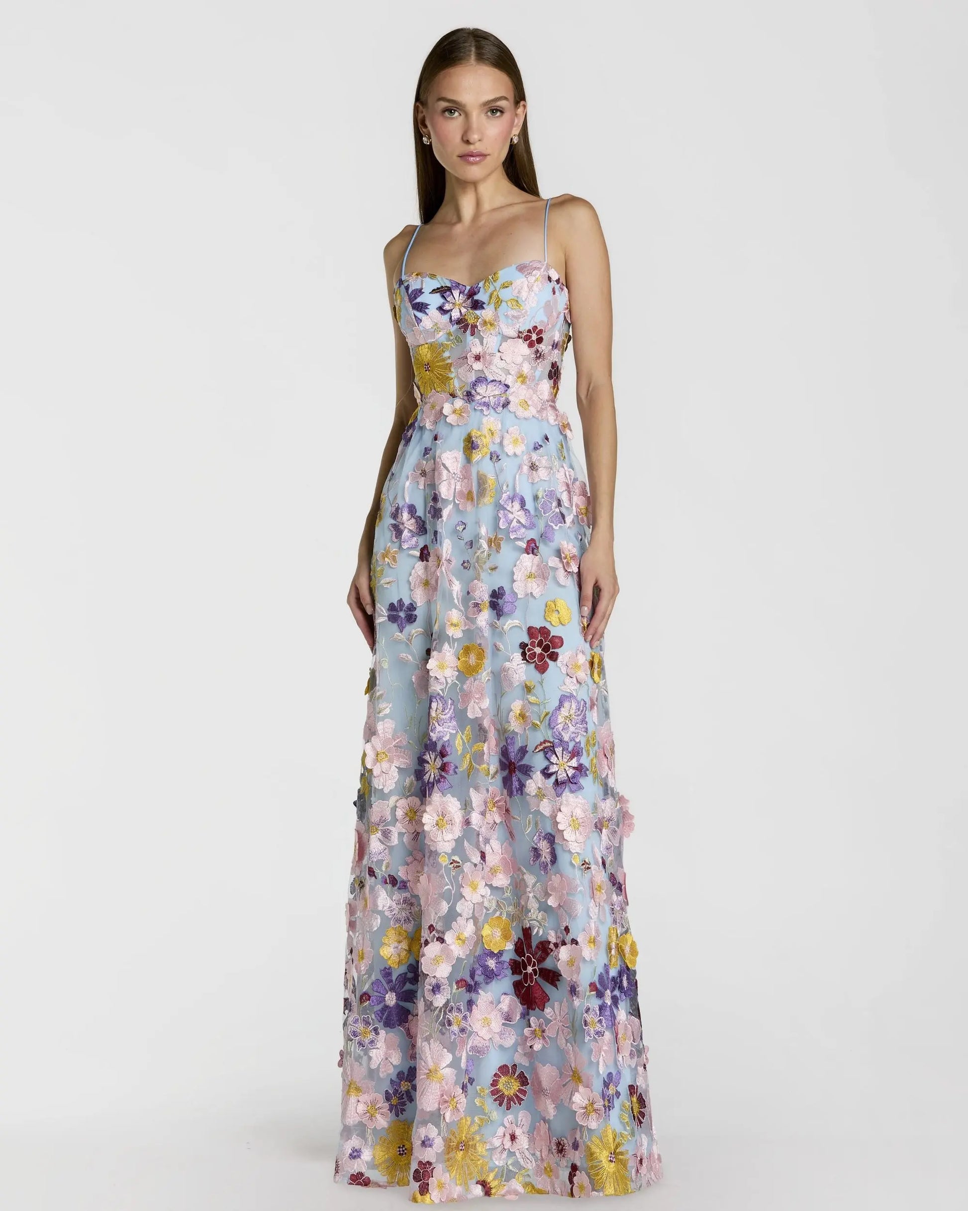 Blue Spaghetti Strap Floral Embroidered A-Line Gown | Mac Duggal Blue Spaghetti Strap Floral Embroidered A-Line Gown | Mac Duggal