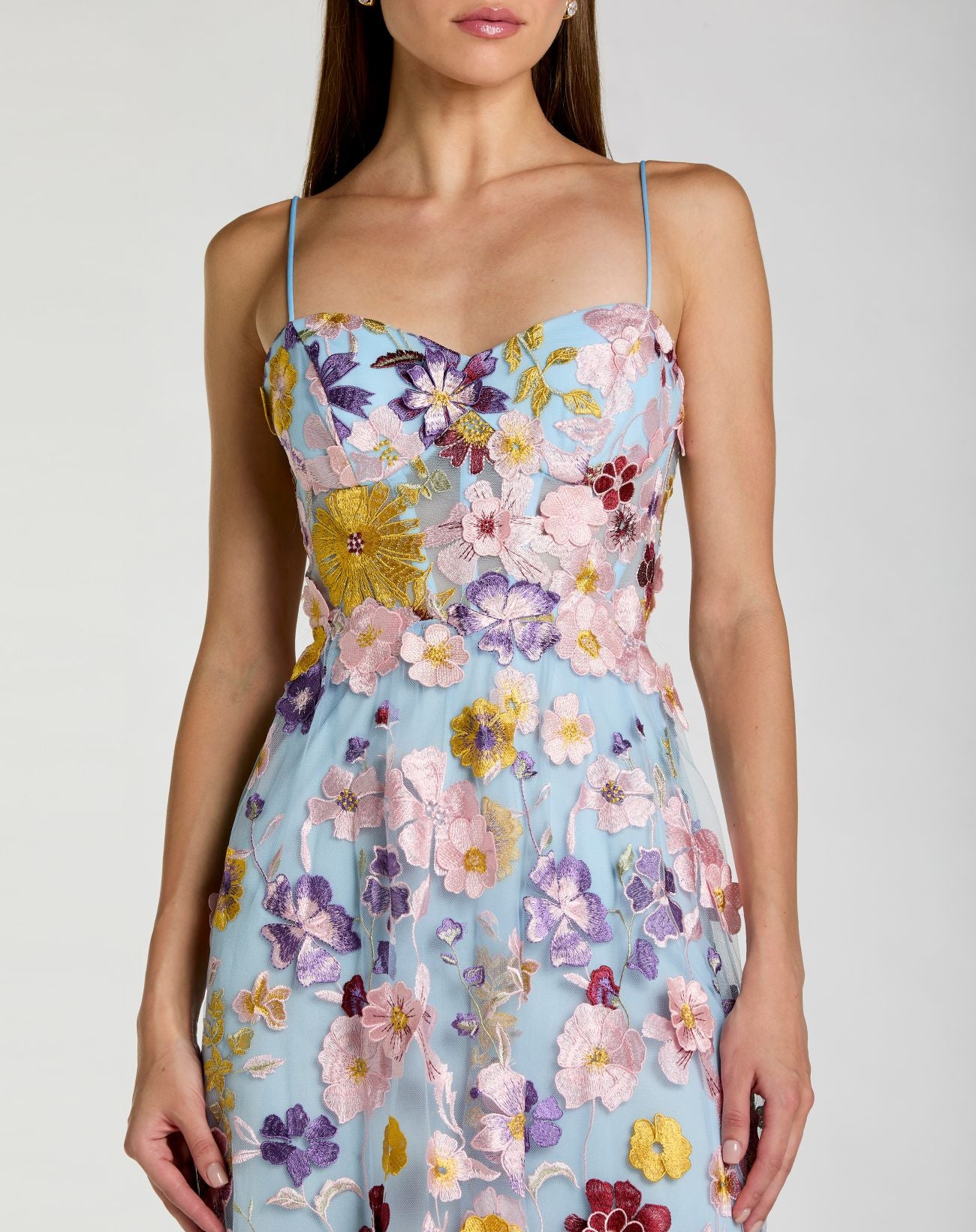 Blue Spaghetti Strap Floral Embroidered A-Line Gown - Mac Duggal