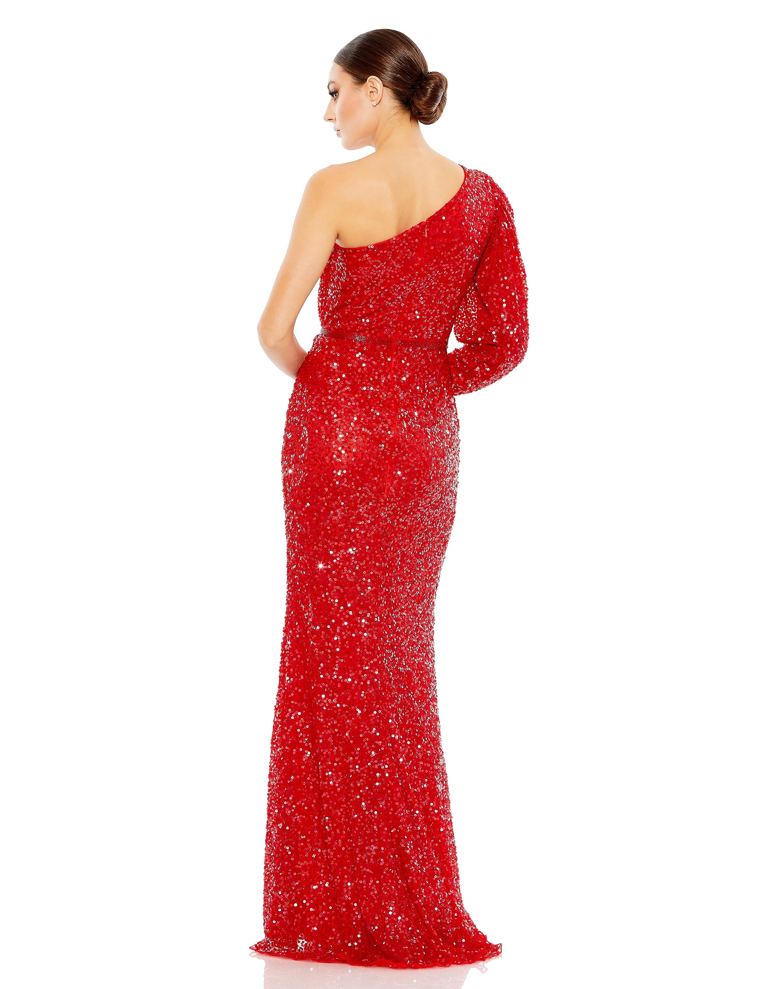 Sequined One Sleeve Faux Wrap Gown  | Sample | Sz. 4