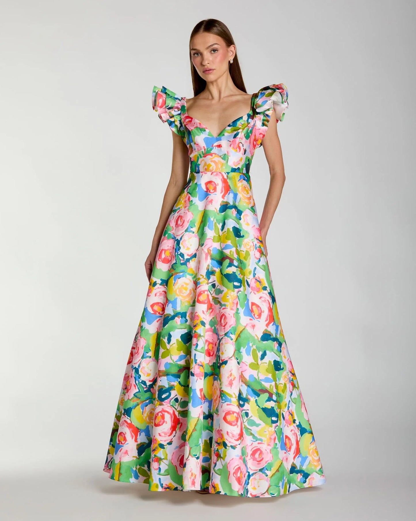 Multicolor Floral Ruffle Cap Sleeve Ball Gown Ieena for Mac Duggal