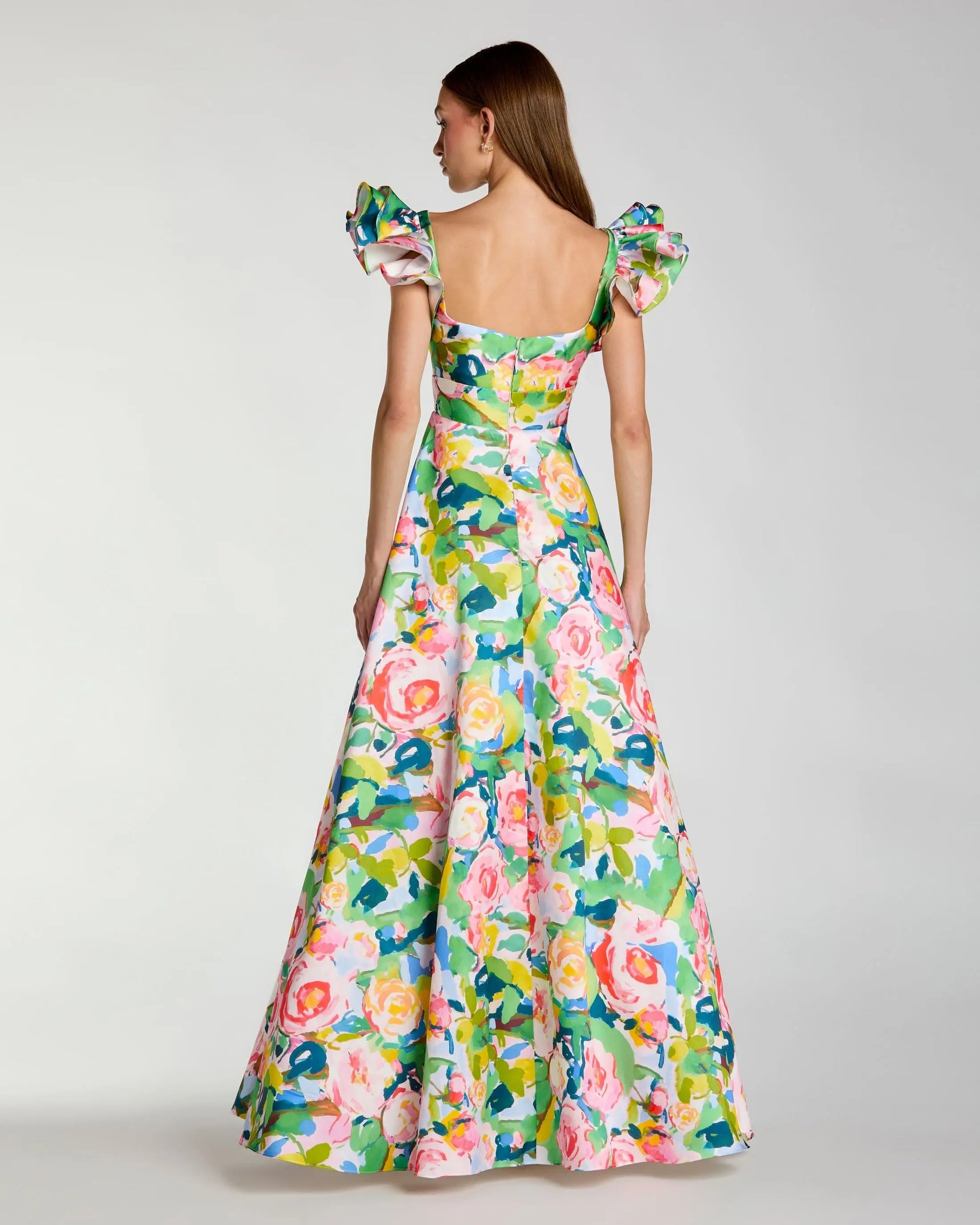 Multicolor Floral Ruffle Cap Sleeve Ball Gown Ieena for Mac Duggal