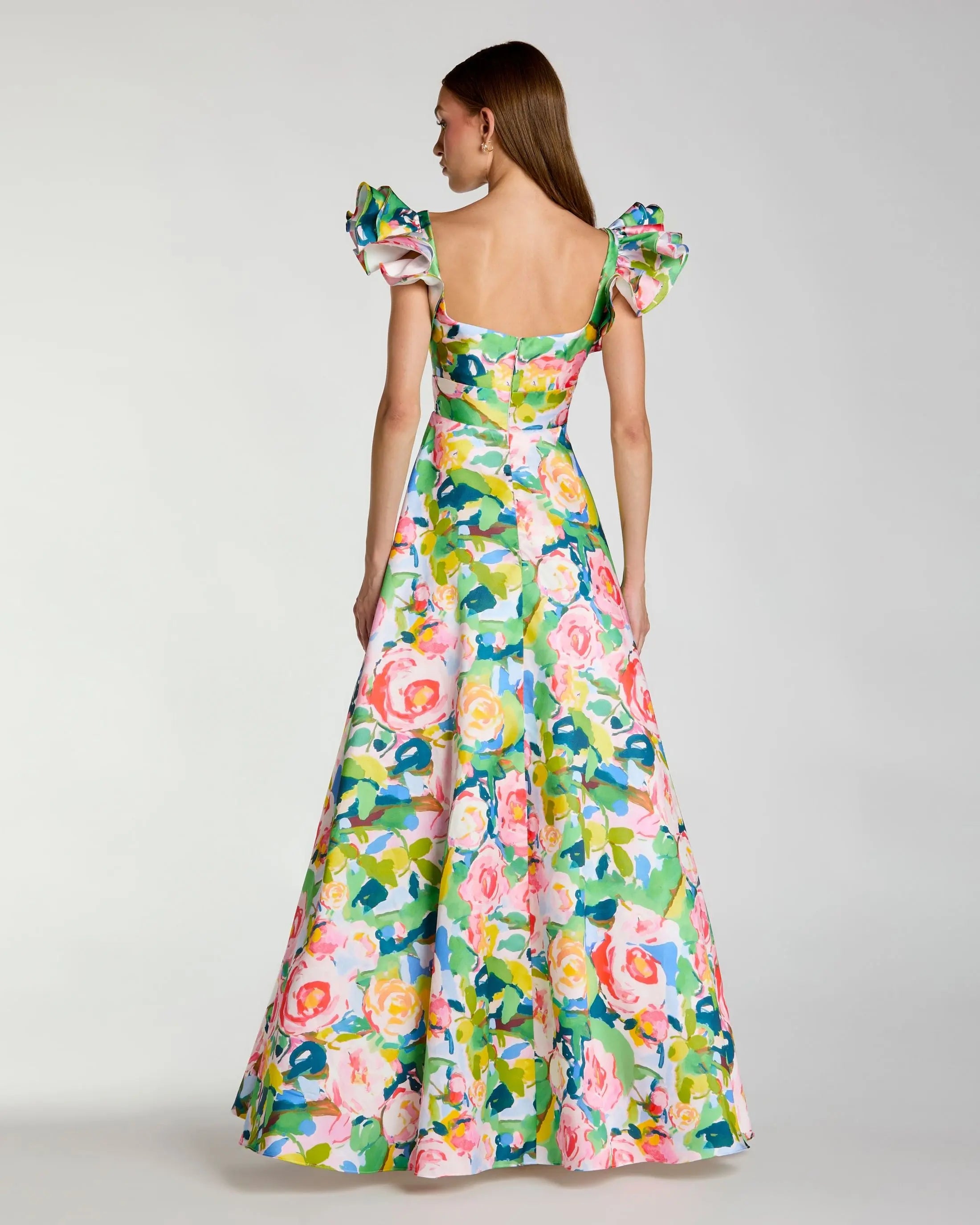 Multicolor Floral Ruffle Cap Sleeve Ball Gown Ieena for Mac Duggal