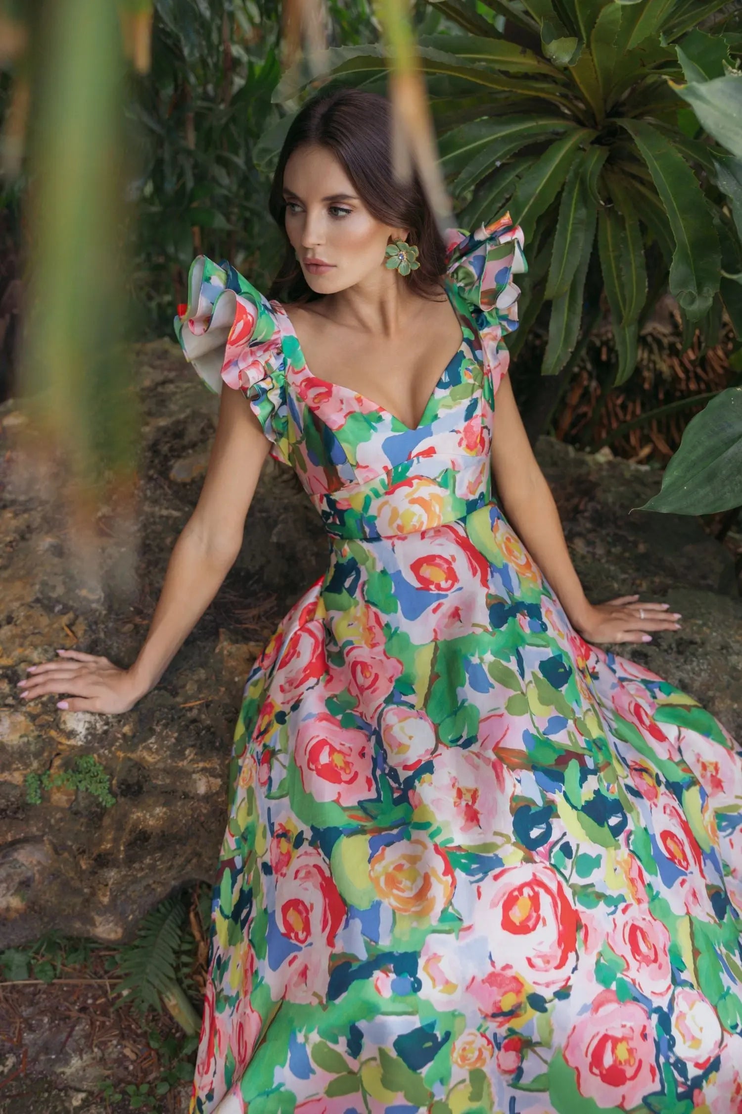 Multicolor Floral Ruffle Cap Sleeve Ball Gown Ieena for Mac Duggal