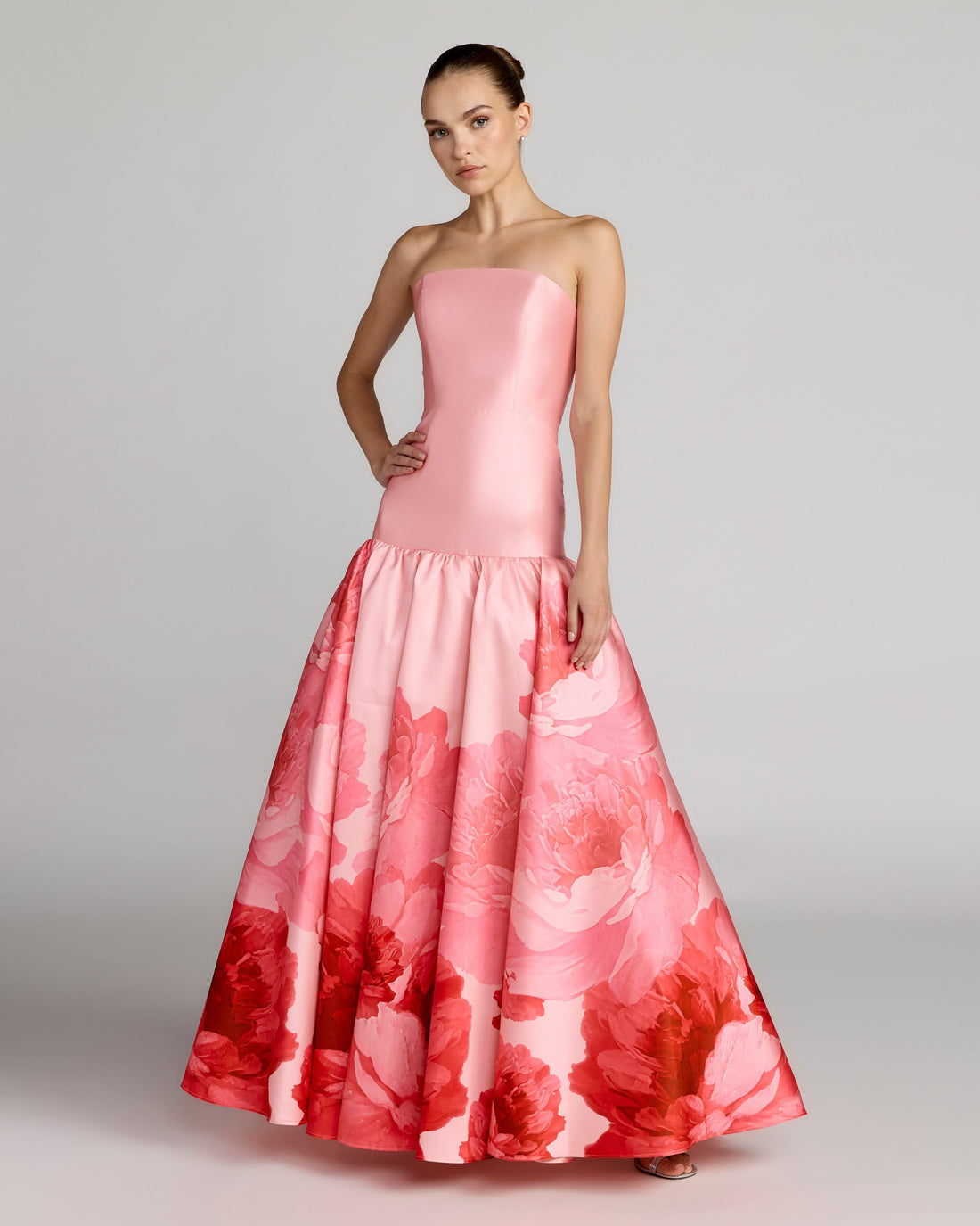 mac duggal pink dress Mac Duggal Printed Mikado Strapless Drop Waist Ball Gown
