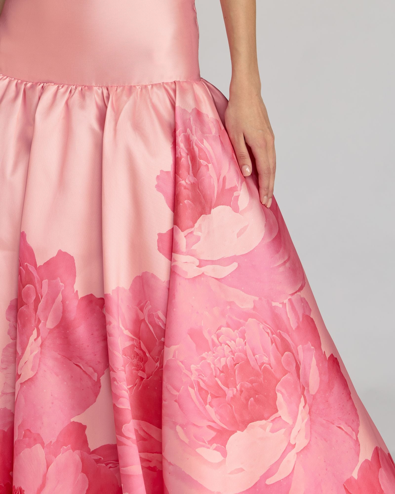 Pink Printed Mikado Strapless Drop Waist Ballgown Ieena for Mac Duggal