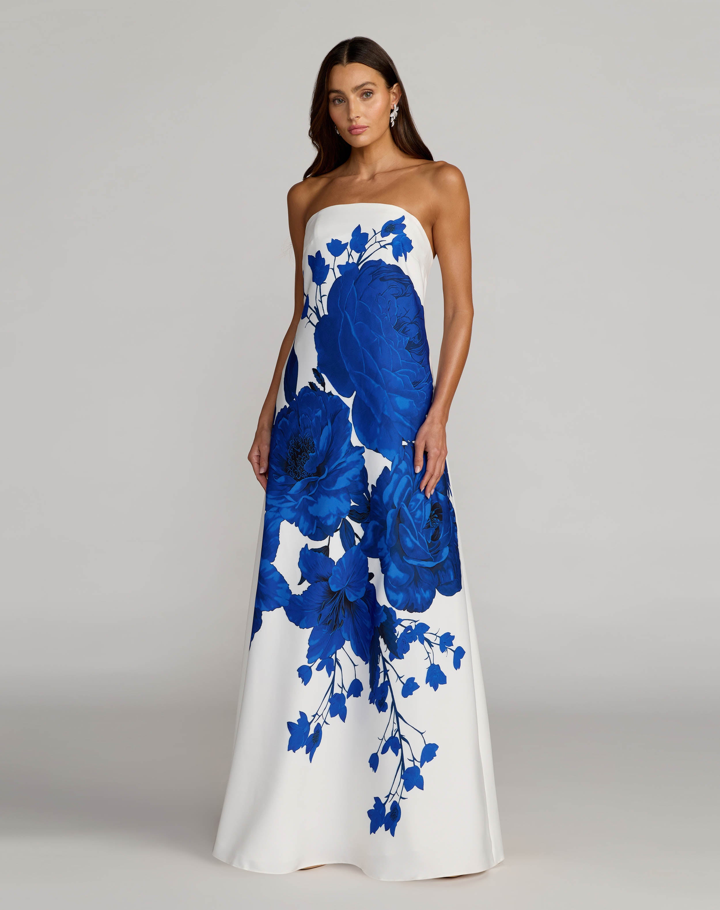 White Floral Printed Crepe Strapless Trapeze Gown Ieena for Mac Duggal