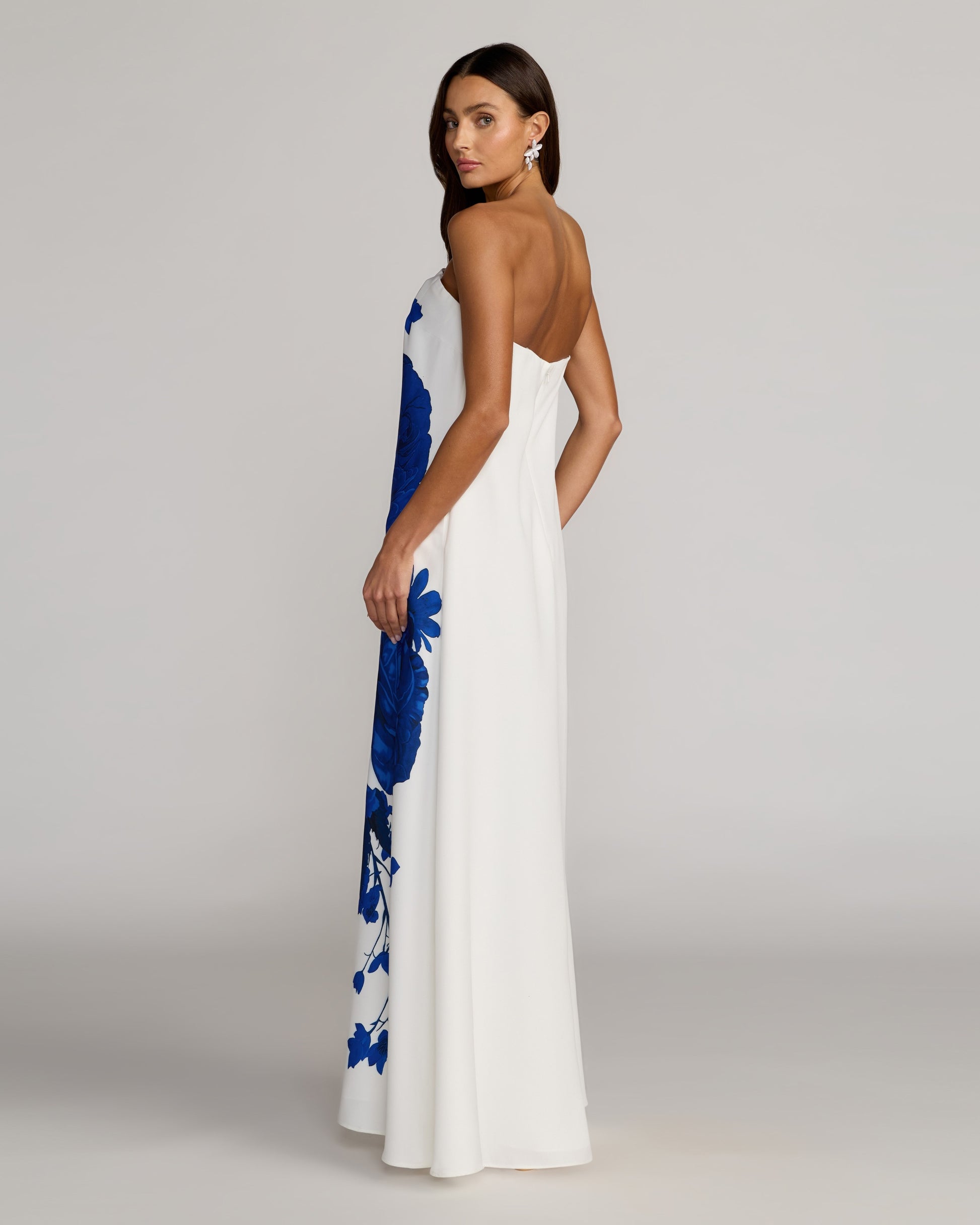 White Floral Printed Crepe Strapless Trapeze Gown Ieena for Mac Duggal