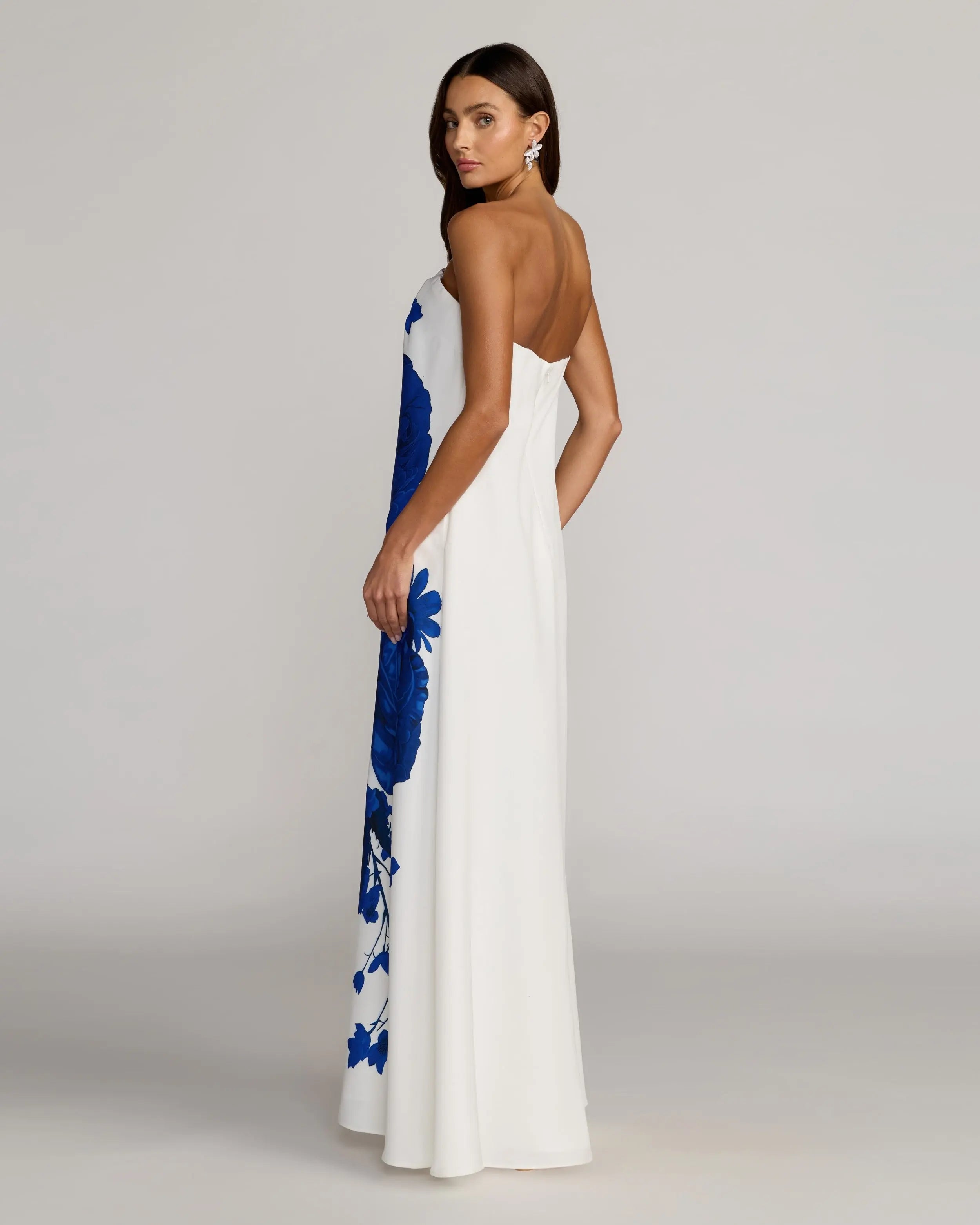 White Floral Printed Crepe Strapless Trapeze Gown Ieena for Mac Duggal