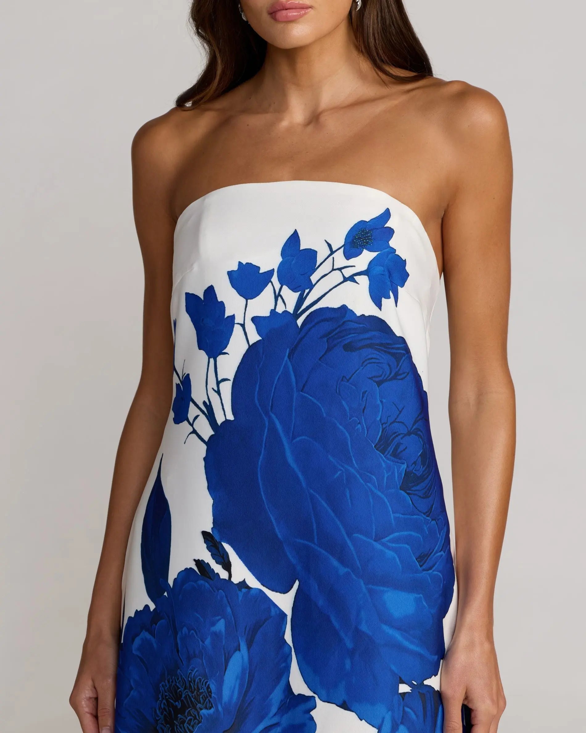 White Floral Printed Strapless Crepe Trapeze Gown